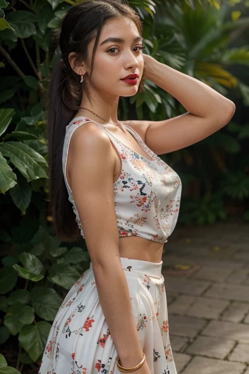 18 yearold girl(best quality,4k,8k,highres,masterpiece:1.2),ultra-detailed,(realistic,photorealistic,photo-realistic:1.37),portrait,girl,wearing sleeve white print tank top and long black skirt,small chain on neck,black hair,hair band in ponytail,vivid colors,soft lighting,lush garden background,subtle bokeh,warm color tones,rich girl,red lipstick,earing,wearing same dress,wearing  top and skirt,beutifull print,not asspose skin,shy,blouse touches the  skirt,net fabric shawl,wearing a small bangle on hand,round neck design dress,wearing bangles