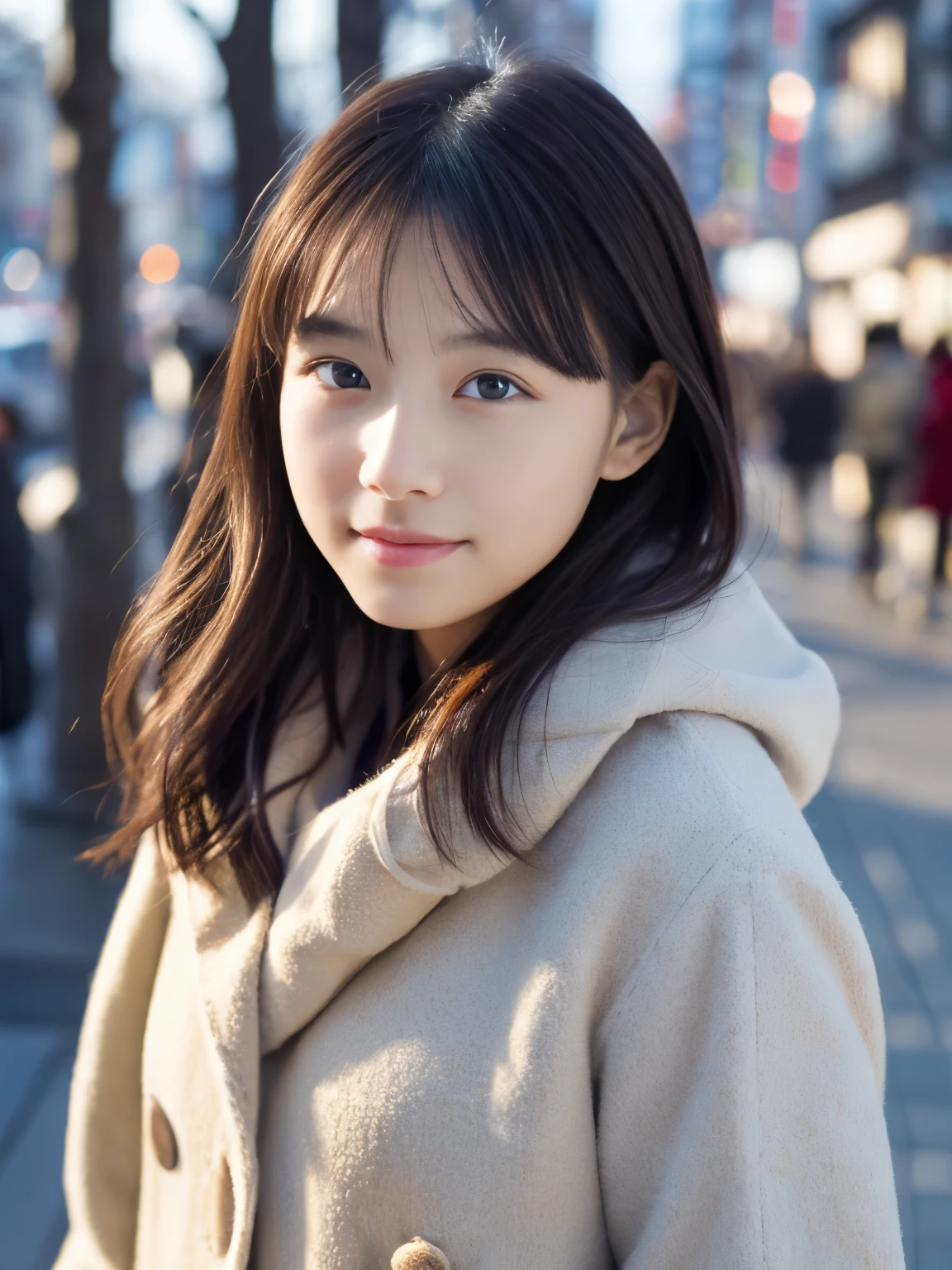 Photorealsitic, 8k full-length portraits, Beautuful Women, A charming expression, sixteen years old, TOKYOcty, Winters, Shibuya in the background