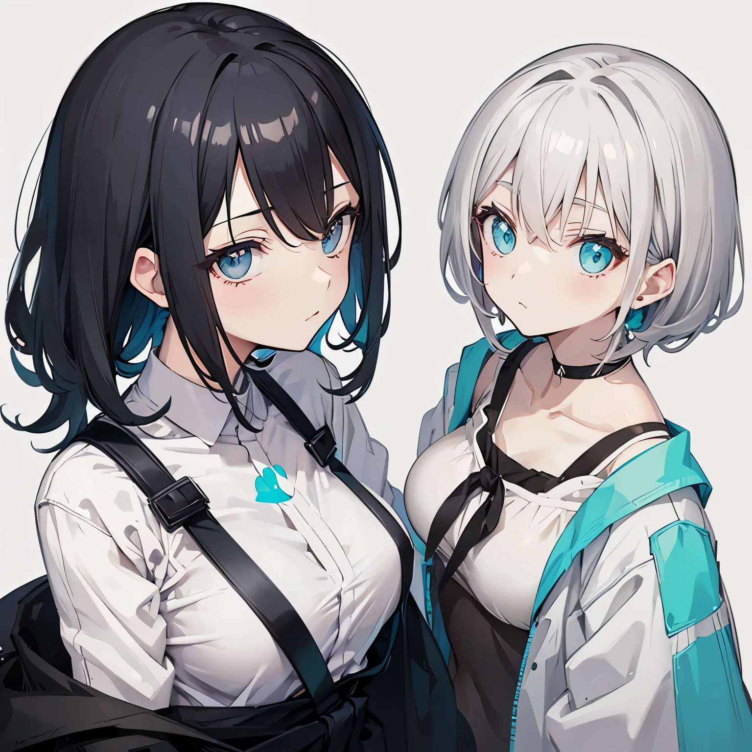 (masutepiece:1.2, Best Quality),  [1 girl in, expressioness, Turquoise eyes, front facing, jet-black hair, half short hair,straight hair,breast, Jacket is taken off, Cafe Apron,] (Gray white background:1.5),
