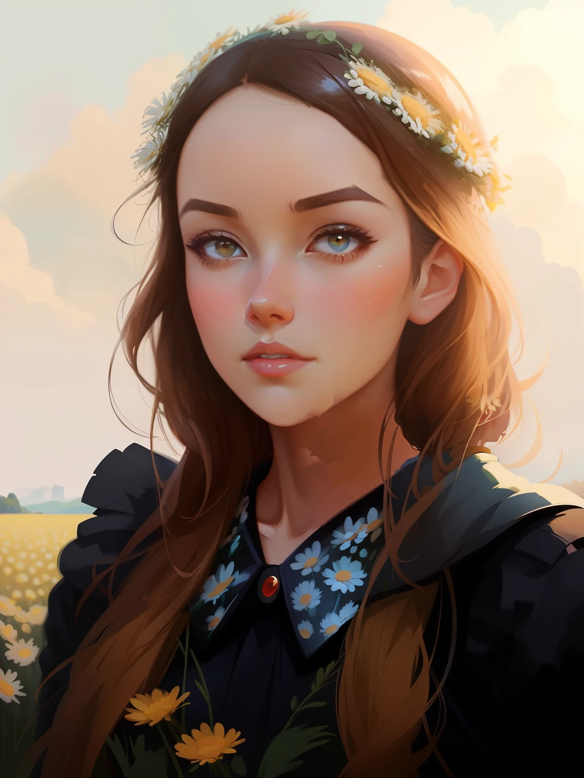 a woman with a flower crown stands in a field of daisies, artgerm and atey ghailan, artwork in the style of guweiz, beautiful digital illustration, beautiful digital artwork, beautiful digital painting, gorgeous digital painting, stunning digital illustration, adorable digital painting, beautiful character painting, realistic cute girl painting, beautiful fantasy art portrait, Beautiful girl from anime sunflower