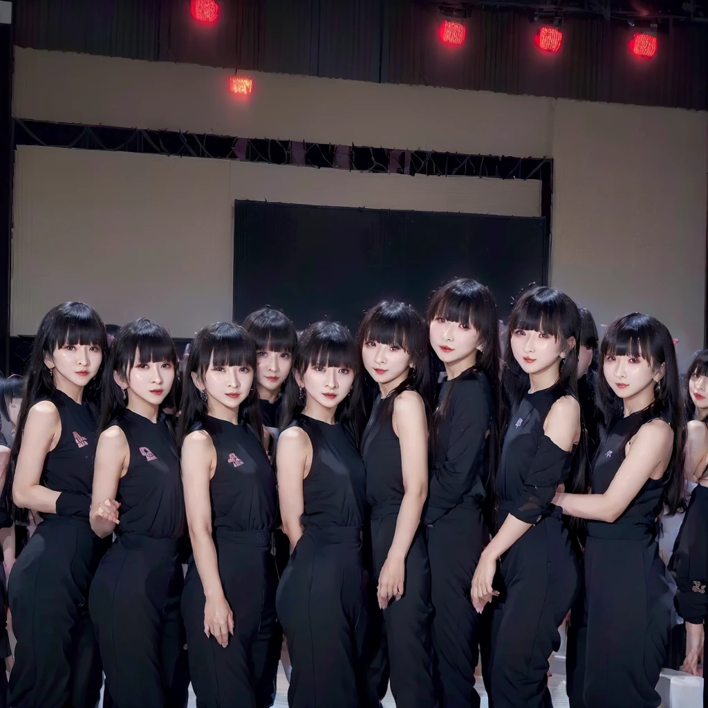 Raw photo、(((multiple girls))),((((6+girls)))),Women only、((全員The same face))、A group of 10 idols singing and dancing on stage、************,japanes、((Same height))、((matching black outfit))、a smile、The same face,((A dark-haired)),Longhaire、a smile、