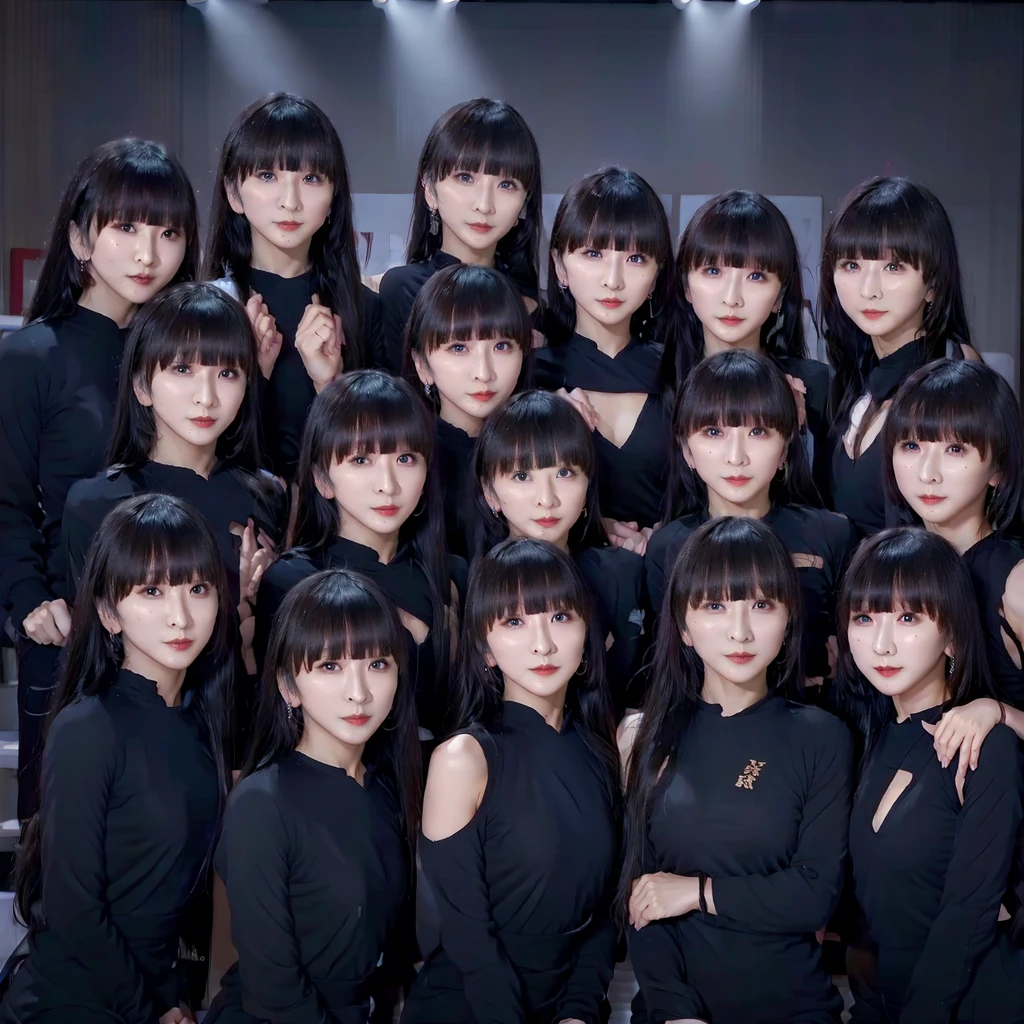 Raw photo、(((multiple girls))),((((6+girls)))),Women only、((全員The same face))、A group of 10 idols singing and dancing on stage、************,japanes、((Same height))、((matching black outfit))、a smile、The same face,((A dark-haired)),Longhaire、a smile、