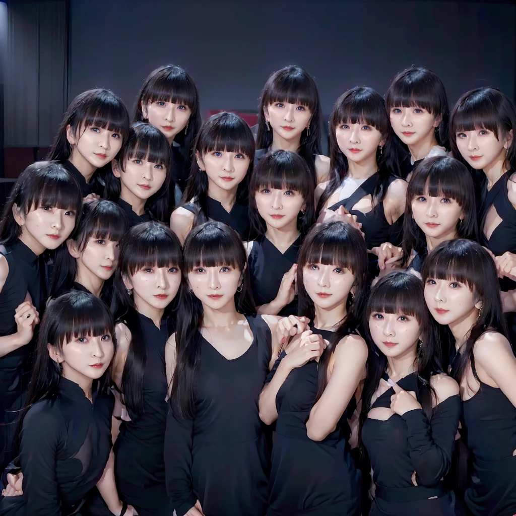 Raw photo、(((multiple girls))),((((6+girls)))),Women only、((全員The same face))、A group of 10 idols singing and dancing on stage、************,japanes、((Same height))、((matching black outfit))、a smile、The same face,((A dark-haired)),Longhaire、a smile、