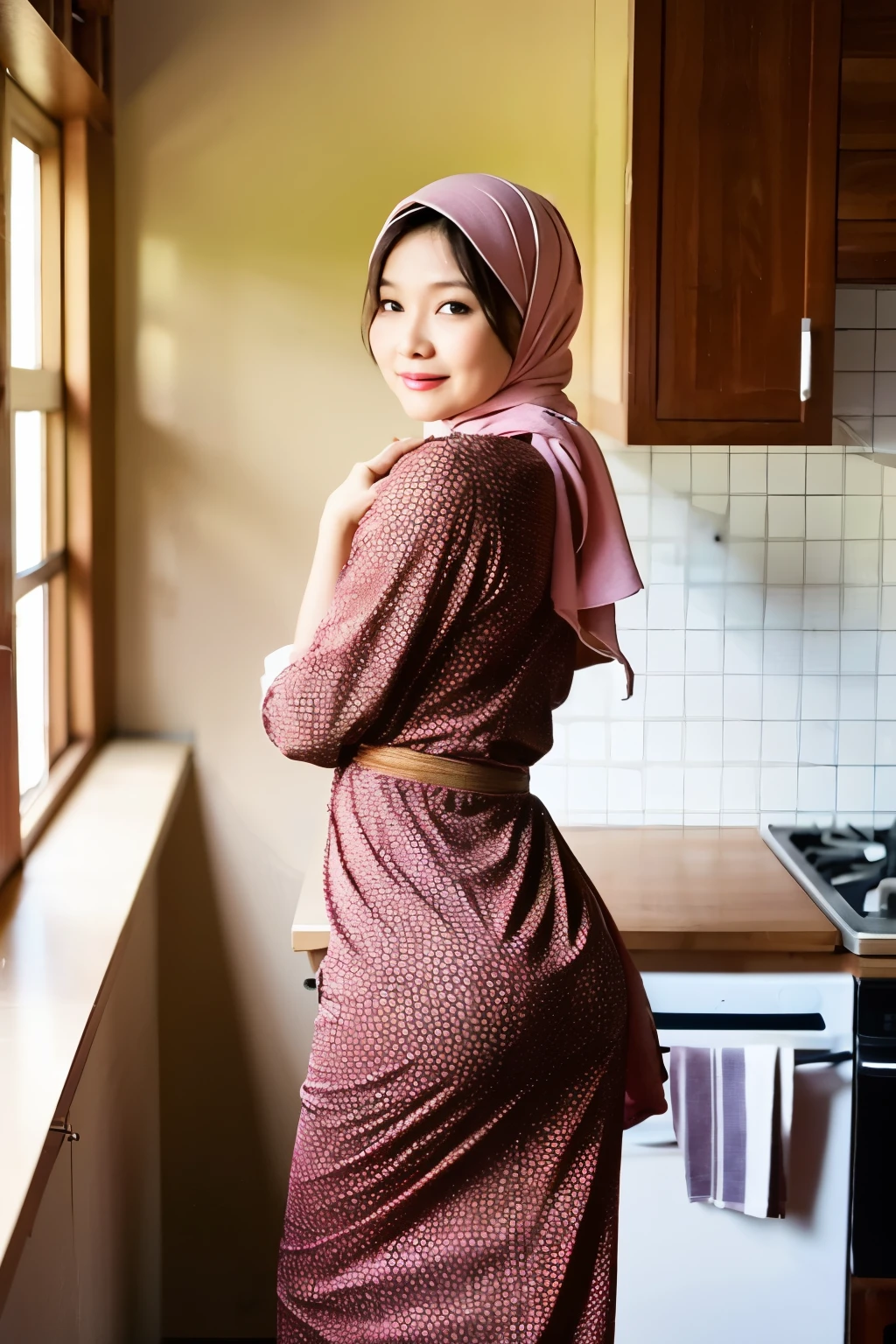 beautiful indonesian lady, 45 years old, small, cooking at kitchen, showing her ass, wearing long sleeves batik dress and hijab