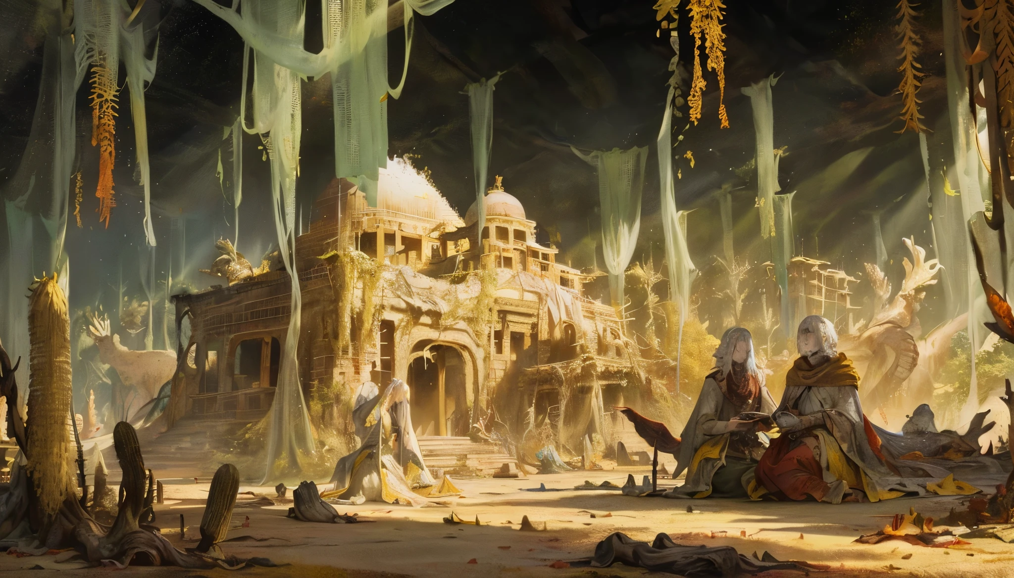Forest landscapes, ((ancient monsters)), (desert), (Dunhuang), ((desolate)), gray,(Loulan ancient), (yellow sand), ((white bones)), ((dried blood)), (prayer flags), (ruins), absurdity, realistic lighting, (abysasterpiece, high quality, beautiful graphics, high detail,