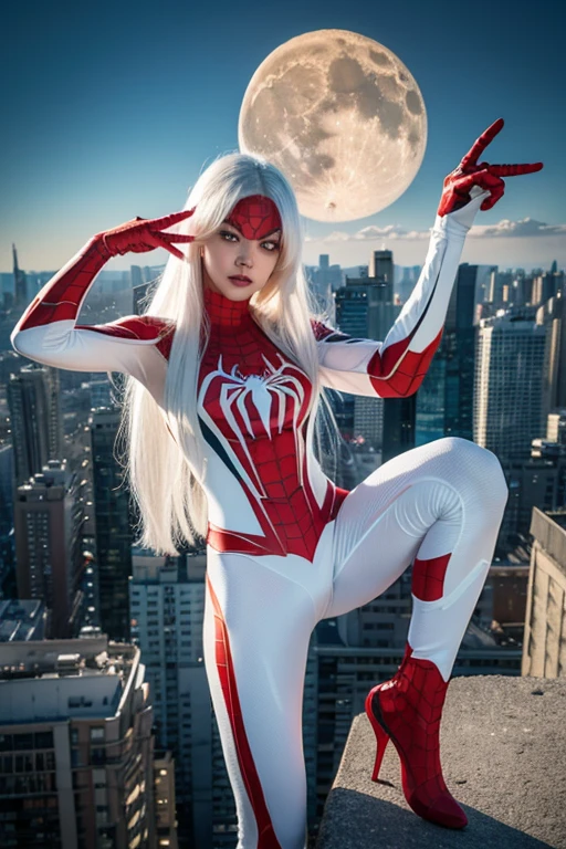 (tmasterpiece, 4K分辨率, Surreal, The is very detailed), (white super hero theme, Charismatic, There is a girl on the top of the city, wearing Spider-Man costume, She's a superhero), [ (( 25 age old), (Long white hair:1.2), full bodyesbian, (eBlue eyes:1.2), ((Spider-Man pose),Show strength, jump from one building to another), ((Sandy environment): 0.8)| (view over city, natta, Dynamic light moon))] # interpretation: The prompt mainly describes a 4K Ultra HD painting, Very realistic, The is very detailed. It shows a female superhero on top of the city, Wearing a Spider-Man suit. 画中主题为white super hero theme, the female protagonist has Long white hair, she is 25 age old, Her entire body is represented in the painting. In terms of depicting superhero action, Spider is hired
