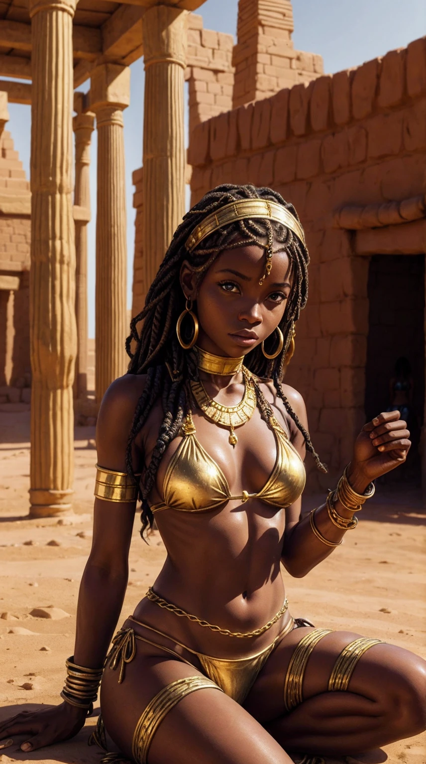nubian slave girl in chains on the floor, chokers, golden bikini, far shot, desert temple in background