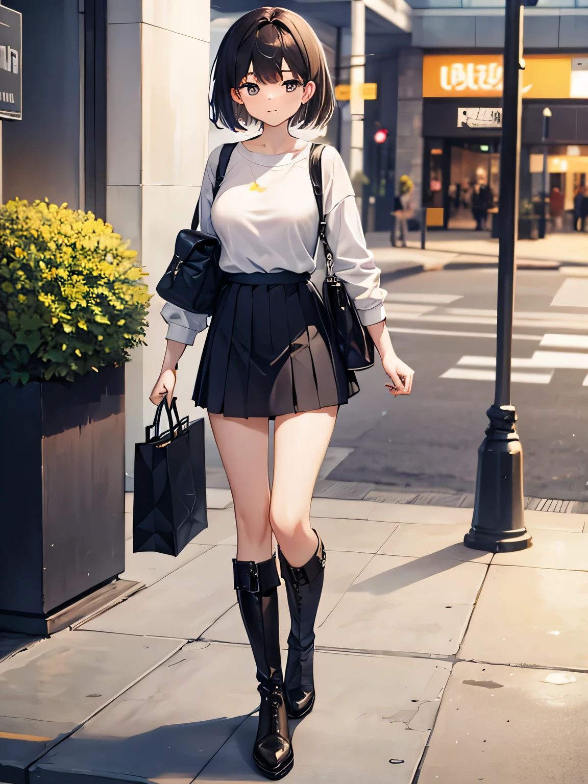 1,there is a couple, men and women, Holding hands.
2,Male is 24 years old, wearing normal clothes and carrying luggage.
3,The woman is 18 years old, sexy knit and mini pleated skirt、I am wearing long boots on my feet..
4,The season is autumn、The location is a shopping center.