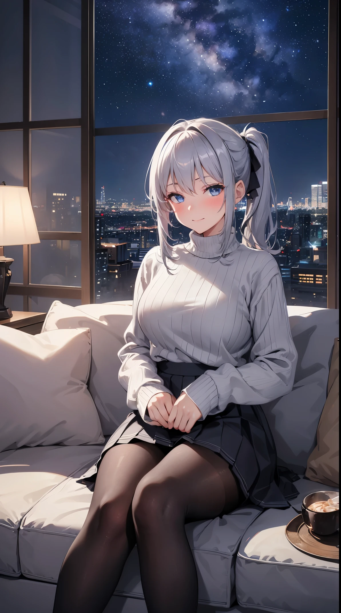 masterpiece, 4K,retina, incredibly_absurdres, original, night, stars, milky way, beautiful detailed sky, cityscape, lewd mature woman, silver hair, ponytails, light blush, dark blue eyes, white sweater, gray pleated_skirt, black pantyhose, arm behind body, looking at viewers, sitting on sofa, lewd smile,