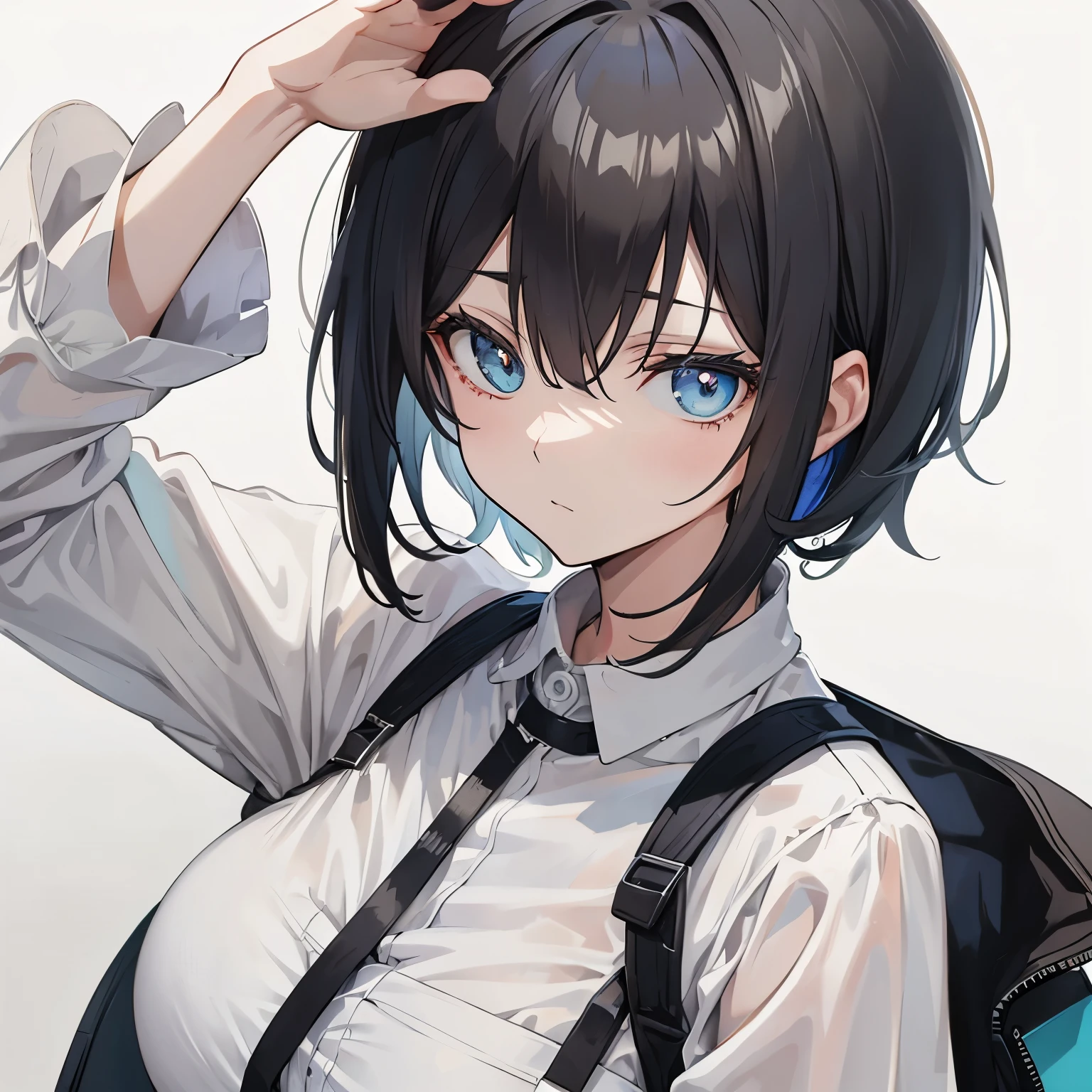 (masutepiece:1.2, Best Quality),  [1 girl in, expressioness, Turquoise eyes, front facing, jet-black hair, half short hair,straight hair,breast, Jacket is taken off, Cafe Apron,] (Gray white background:1.5),