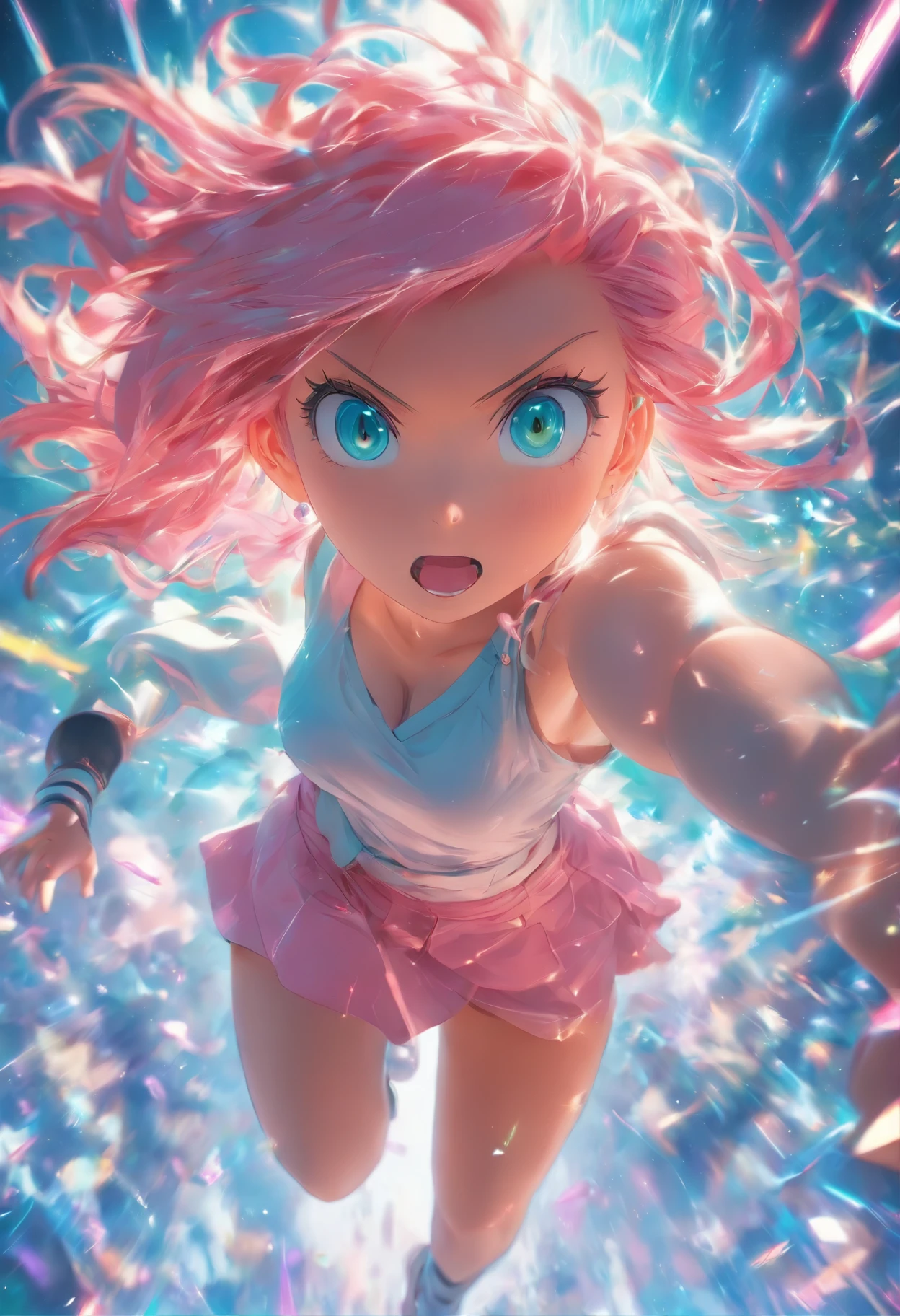 foreshortening, depth of fields, Main items, Best quality at best, 1 girl in, with pink hair, teal eyes, Medium hair, floating,pink ray, I am, Just look at the audience,Pink skirt, Scattering, Dim sunlight,