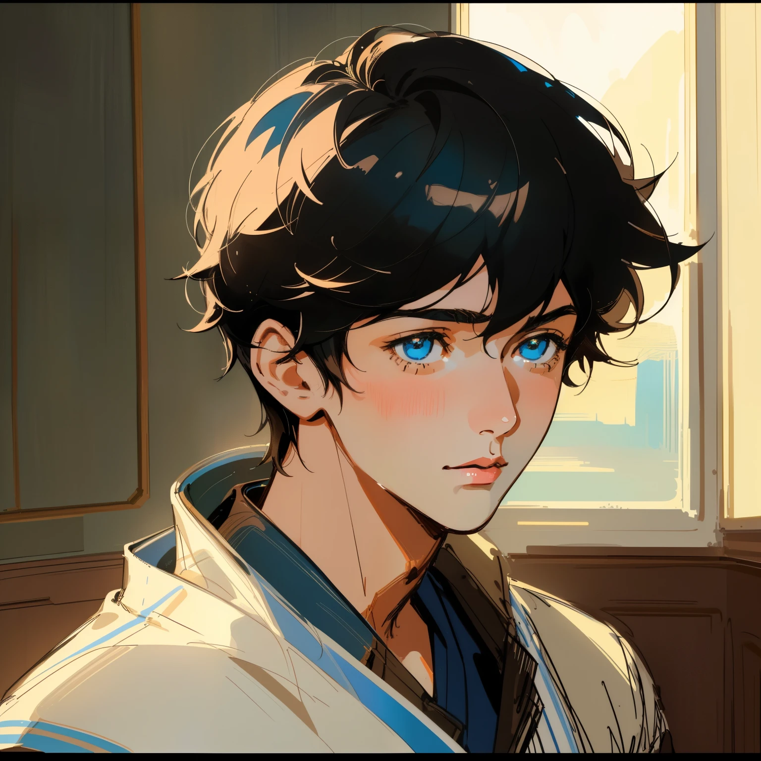 Generate an image of a young British boy with black hair and blue eyes. (Portrait, Semi-Realistic Style, Indoor Setting, Natural Lighting, Medium Quality, Subtle Noise, Cool Colors, Realistic Brushwork, DeviantArt Influence, Vintage Clothing, Macro Lens)