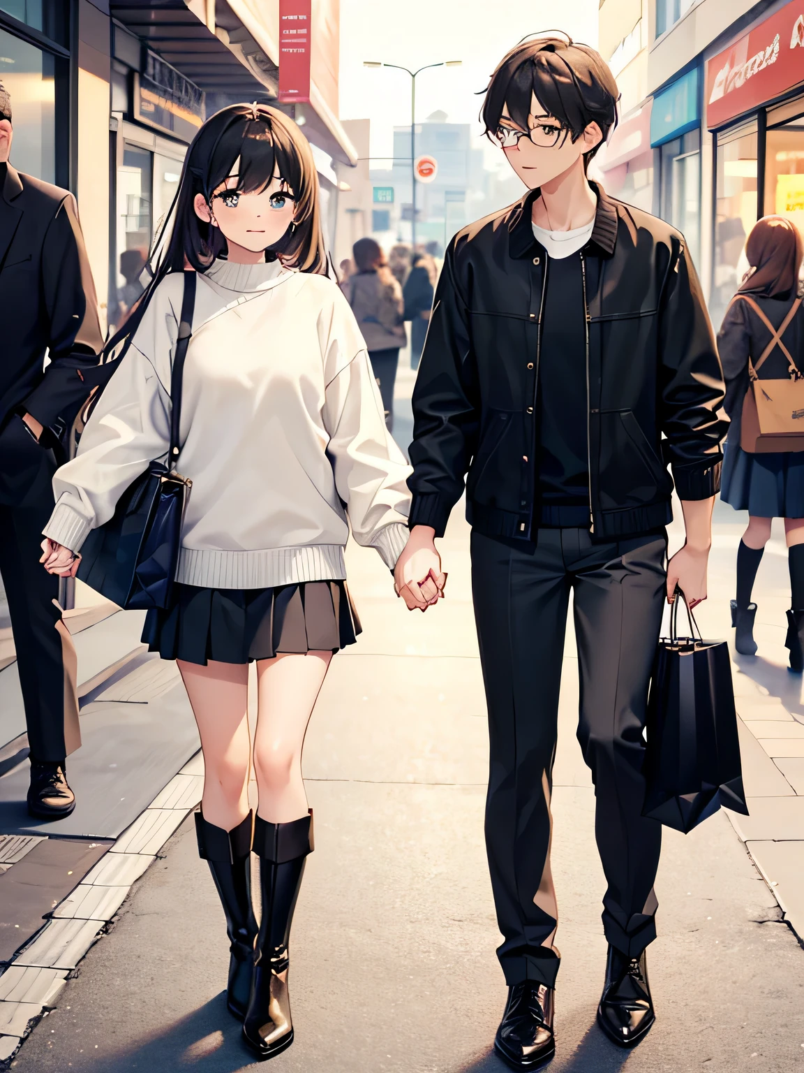 1,there is a couple, men and women, Holding hands.
2,Male is 24 years old, wearing normal clothes and carrying luggage.
3,The woman is 18 years old, sexy knit and mini pleated skirt、I am wearing long boots on my feet..
4,The season is autumn、The location is a shopping center.