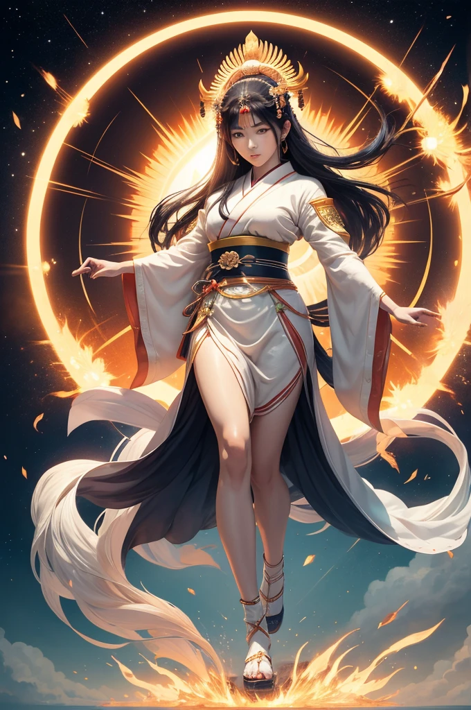 1woman, Japanese Goddess Amaterasu, Shining bright like the sun, Full body, impressive, imposing, facing viewer, seductive eyes, posed majestically, drawn in the style of yoshitaka amono, high res, ultrasharp, 8K, masterpiece, realistic