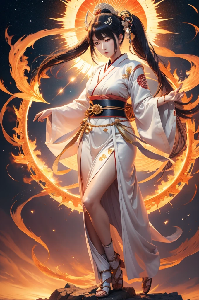 1woman, Japanese Goddess Amaterasu, Shining bright like the sun, Full body, impressive, imposing, facing viewer, seductive eyes, posed majestically, drawn in the style of yoshitaka amono, high res, ultrasharp, 8K, masterpiece, realistic