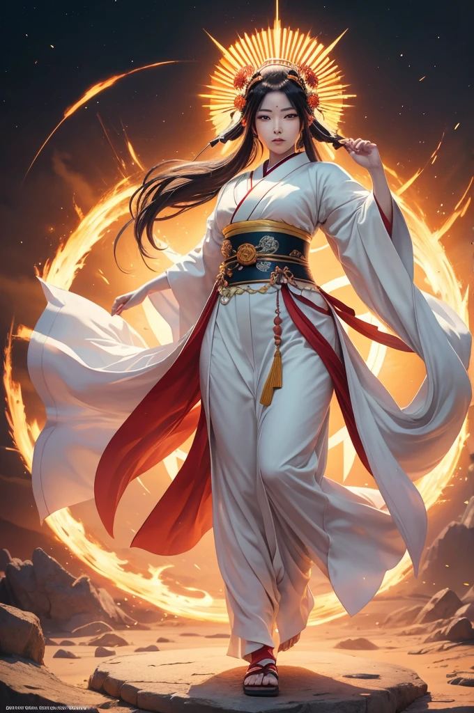 1woman, Japanese Goddess Amaterasu, Shining bright like the sun, Full body, impressive, imposing, facing viewer, seductive eyes, posed majestically, drawn in the style of yoshitaka amono, high res, ultrasharp, 8K, masterpiece, realistic