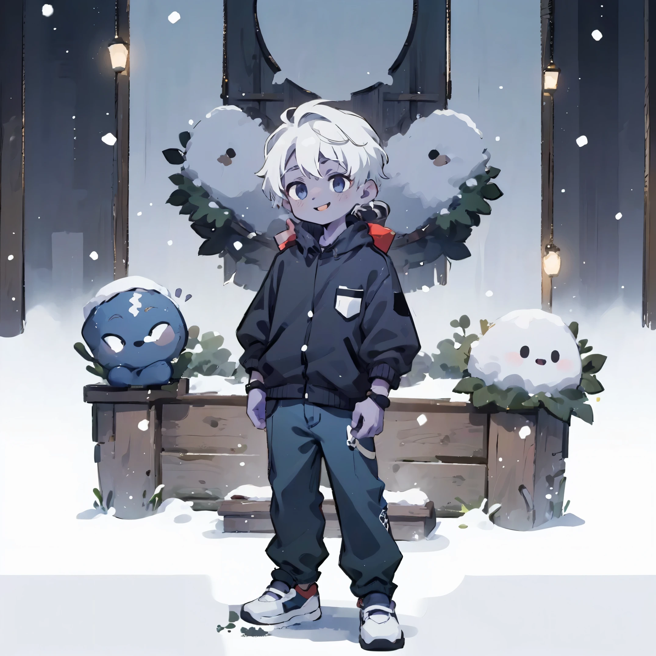 A purple-skinned boy, with katana, white hair, round face, big blue eyes, smile, black jacket, Balenciaga clothes, Clothes oversized fashion streetwear, Air Jordan, winter, park, white snow, Christmas tree, snow cover, panorama, front