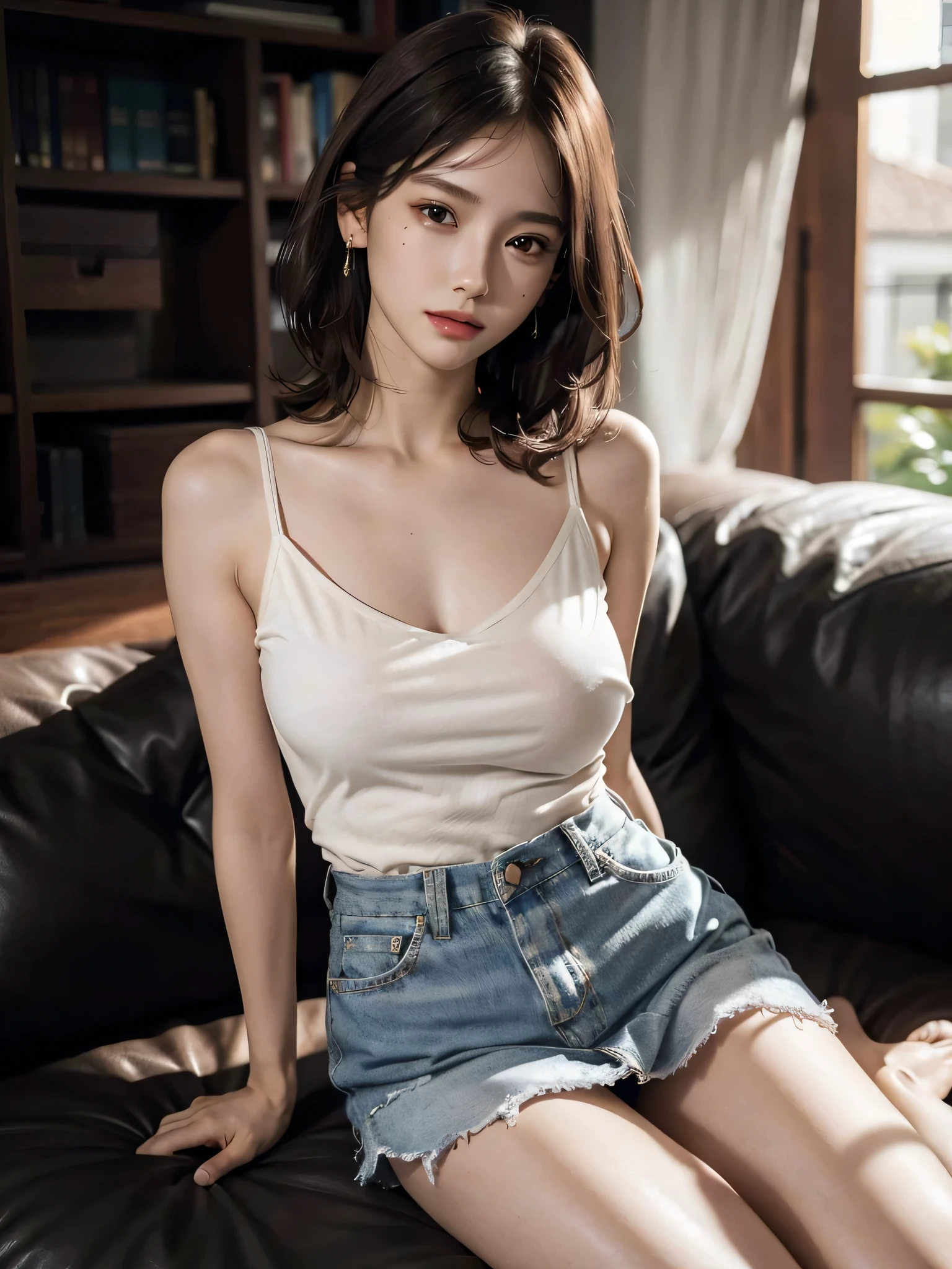 absurderes, Raw photo, Extremely delicate and beautiful, masutepiece, Best Quality, Ultra High Resolution, 16 K, hyper realisitic, Ultra-detailed, Perfect Anatomy, Ultra-detailed細なスキン, Perfect figure, Very detailed CG 8k wallpaper, in her 20s, Very slim body, Narrow waist, Very small head, Very small face, Very detailed face, Very detailed eyes, tear moles, Earring, thin legs, ((very massive round chest)), Girls, Full body shot, Bare legs, Short hair, Wavy Hair, light brown hair, ((dressed casually)),