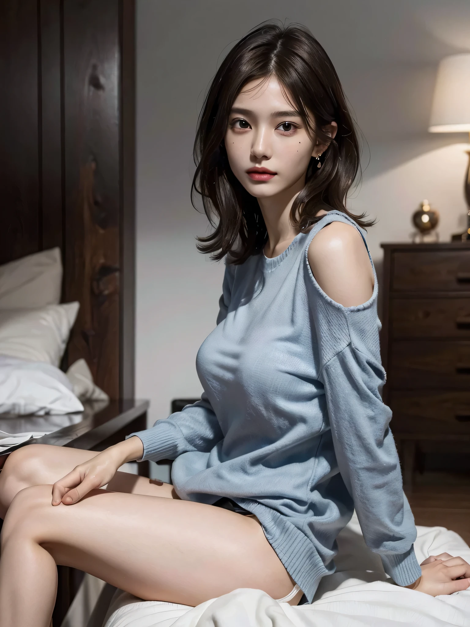 absurderes, Raw photo, Extremely delicate and beautiful, masutepiece, Best Quality, Ultra High Resolution, 16 K, hyper realisitic, Ultra-detailed, Perfect Anatomy, Ultra-detailed細なスキン, Perfect figure, Very detailed CG 8k wallpaper, in her 20s, Very slim body, Narrow waist, Very small head, Very small face, Very detailed face, Very detailed eyes, tear moles, Earring, thin legs, ((very massive round chest)), Girls, Full body shot, Bare legs, Short hair, Wavy Hair, light brown hair, ((dressed casually)),