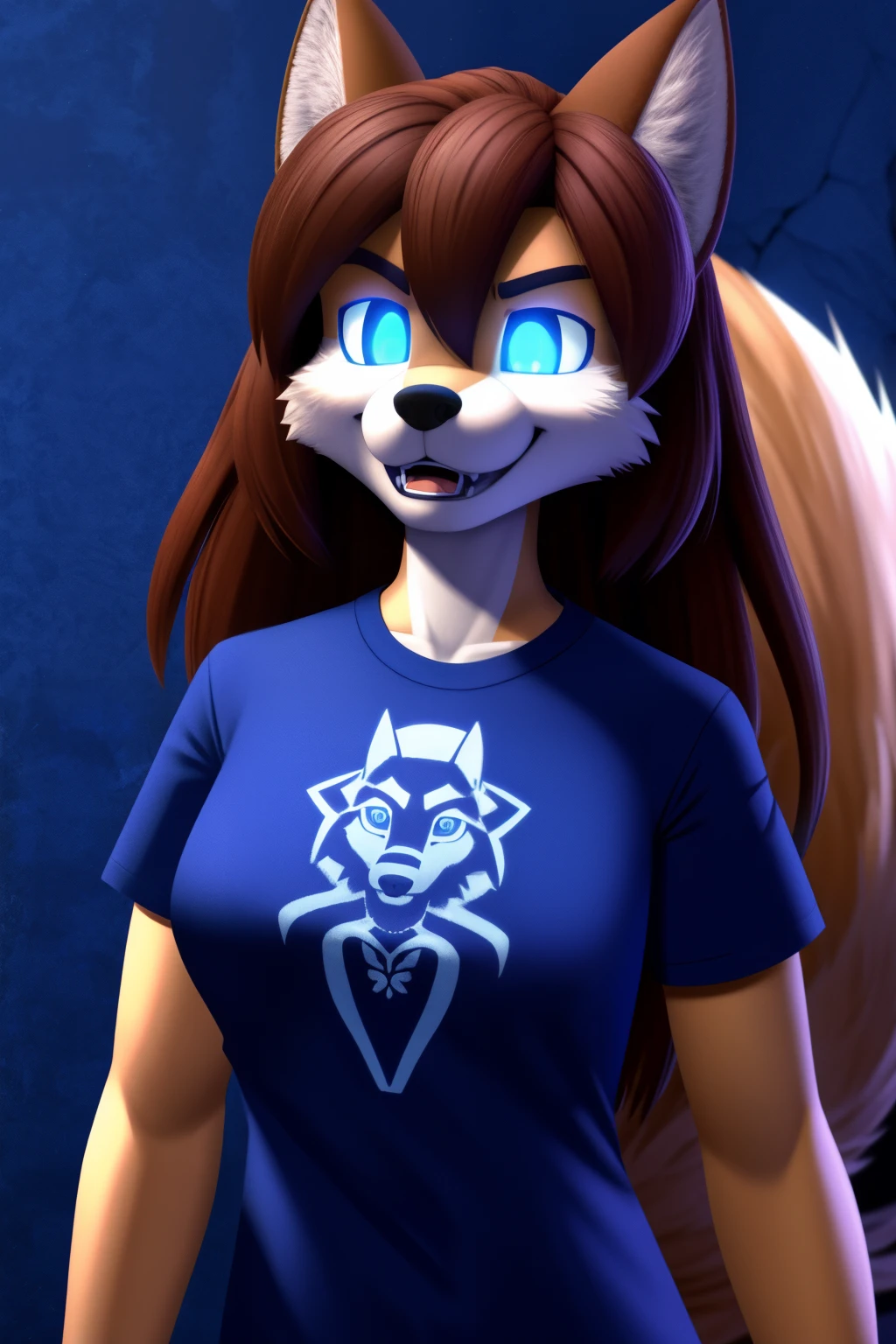 android wife, wolf anthro, brown hair, blue eyes, glowing eyes, t-shirt, 3D Disney style
