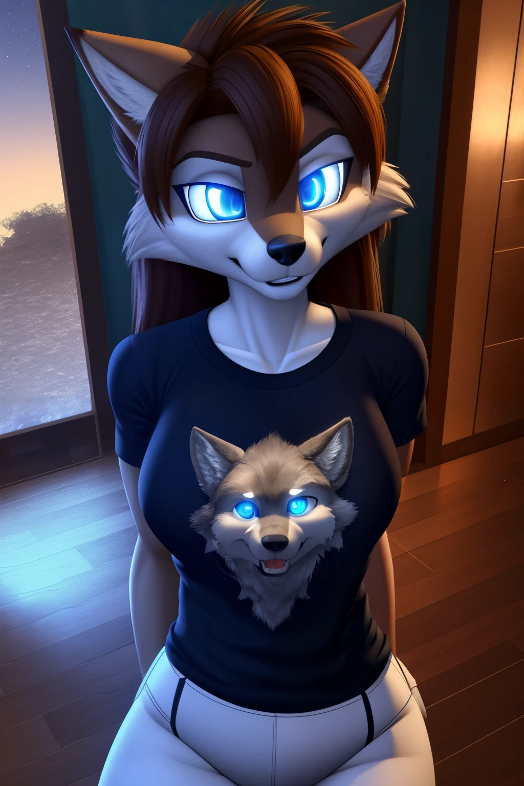 android wife, wolf anthro, brown hair, blue eyes, glowing eyes, t-shirt, 3D Disney style