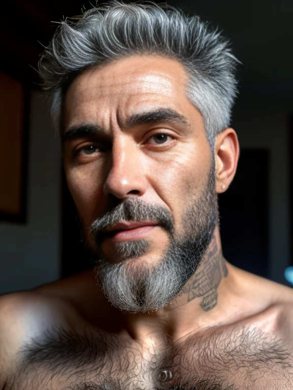 masterpiece, best quality, high resolution, closeup portrait, male nude focus, solo focus, A nude man, 55 years old, very skinny body, silver grey hair, thick long beard,  a male, body tattoos, thick long scruffy beard, messy hair, pretty face, detailed face, bare chest, body hair, hairy chest, very hairy body, facial hair, goatee beard, very hairy legs, not shaved, skinny lean body, dimples, cute attractive face, view from below, nude, nsfw, roman nose, freckles, looking french, visible dark pubic hair, cute face, dimples, model attractive face, in the background a luxurious bedroom, seductive sexy smirk, unshaved, amazing composition, morning light, HDR, ultra quality, elegant, highly detailed
