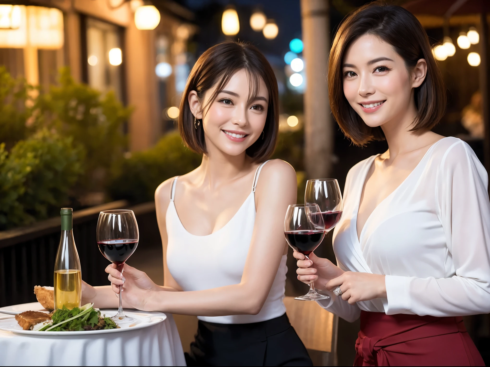 (64k uhd, nffsw, of the highest quality, masutepiece: 1.2), (Realistic, Photorealistic: 1.37), Pretty Woman 1, (Slim Face), (slimボティ), (Brown hair), (short-cut), Dutchman、Americana、Frenchman、cheeks blush a little, (40 years old), 38 years, Solo, A beautiful and detailed night view spreads out outside the window........, restaurant, wine glassesに座って, At night, In a prominent place (from waist up) NovaFrogStyle, actress, Model, waist-up, white wine, slim, wine glasses, Super clean night view, 真ん中に置かれたwine glasses, Happy smile, (Smile: 1.15), Beautiful fine eyes, Upper body, Bust Japan Up, Night, Short, Short, actress, Model, waist-up, white wine, slim, wine glasses, Super clean night view, 真ん中に置かれたwine glasses, Happy smile,