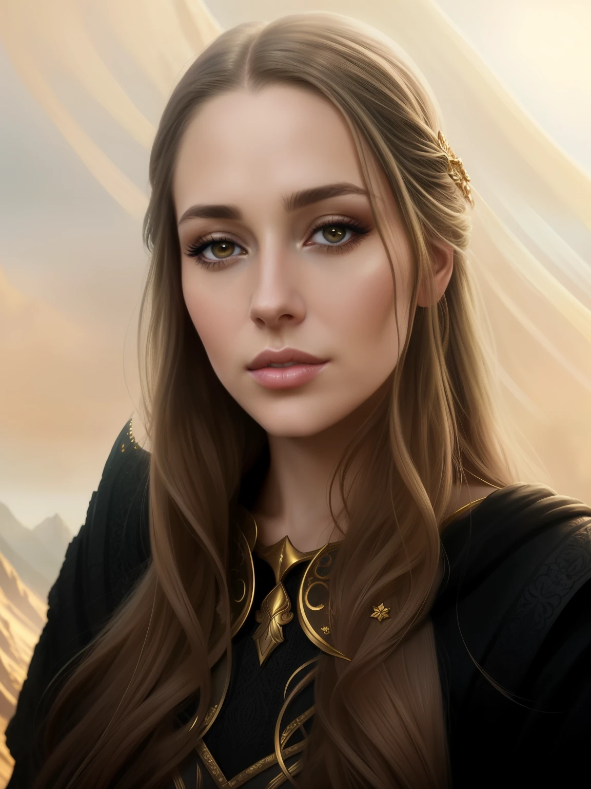 Close-up of a woman with long hair wearing a golden outfit, fantasy concept art portrait, epic fantasy art portrait, detailed matte fantasy portrait, beautiful character painting, beautiful fantasy art portrait, fantasy art portrait, fantasy character portrait, fantasy portrait art, beautiful fantasy portrait, wojtek fus, fantasy portrait, graphic artist magali villeneuve, Masterpiece! Portrait of Arwen