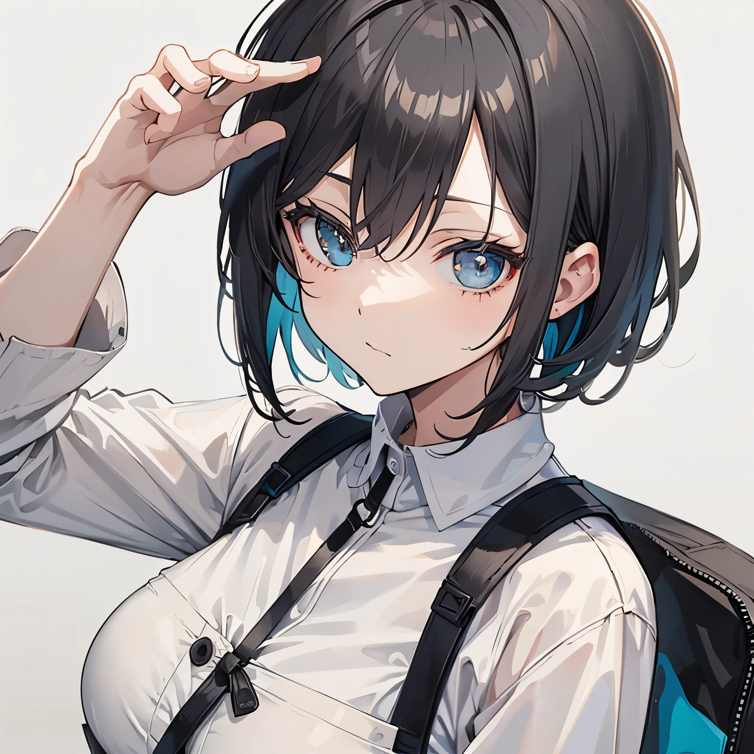 (masutepiece:1.2, Best Quality),  [1 girl in, expressioness, Turquoise eyes, front facing, jet-black hair, half short hair,straight hair,breast, Jacket is taken off, Cafe Apron,] (Gray white background:1.5),