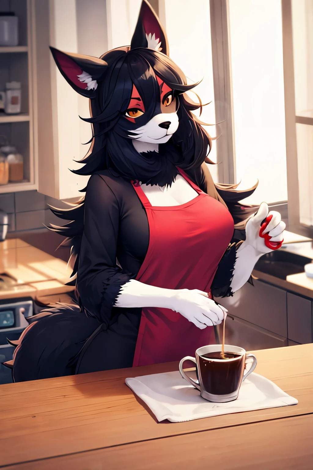 Fursona, fursuit, furry, antropomorfa loba de pelaje rojo, femenina, sipping coffee, cocina, sentada en una mesa, estilo anime.