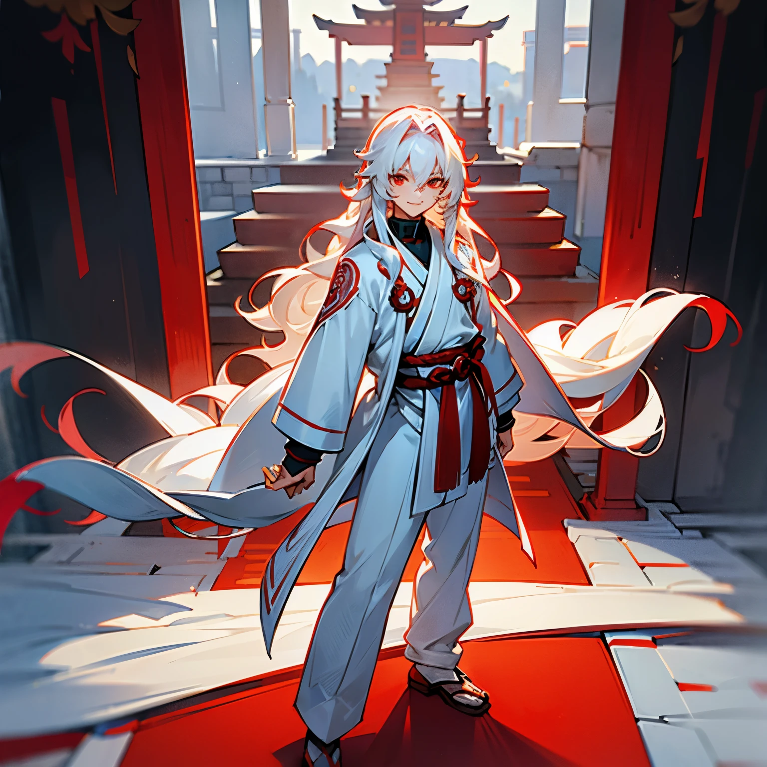 Long White Hair , Red Eyes , Wavy Hair , Layered Clothing , White turtleneck underneath , red martial arts clothing , layered clothing , standing on path infront of a temple , confident Smile , young male , Lean Build , fitted clothing , Genkai Clothing