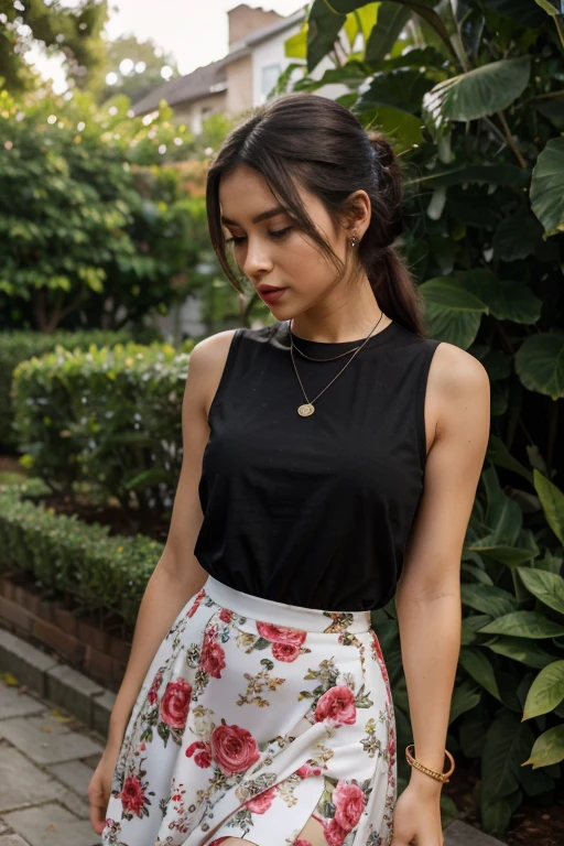 18 yearold girl(best quality,4k,8k,highres,masterpiece:1.2),ultra-detailed,(realistic,photorealistic,photo-realistic:1.37),portrait,girl,wearing sleeve white print tank top and long black skirt,small chain on neck,black hair,hair band in ponytail,vivid colors,soft lighting,lush garden background,subtle bokeh,warm color tones,rich girl,red lipstick,earing,wearing same dress,wearing top and skirt,beutifull print,not asspose skin,shy,blouse touches the skirt,net fabric shawl,wearing a small bangle on hand,round neck design dress,wearing bangles