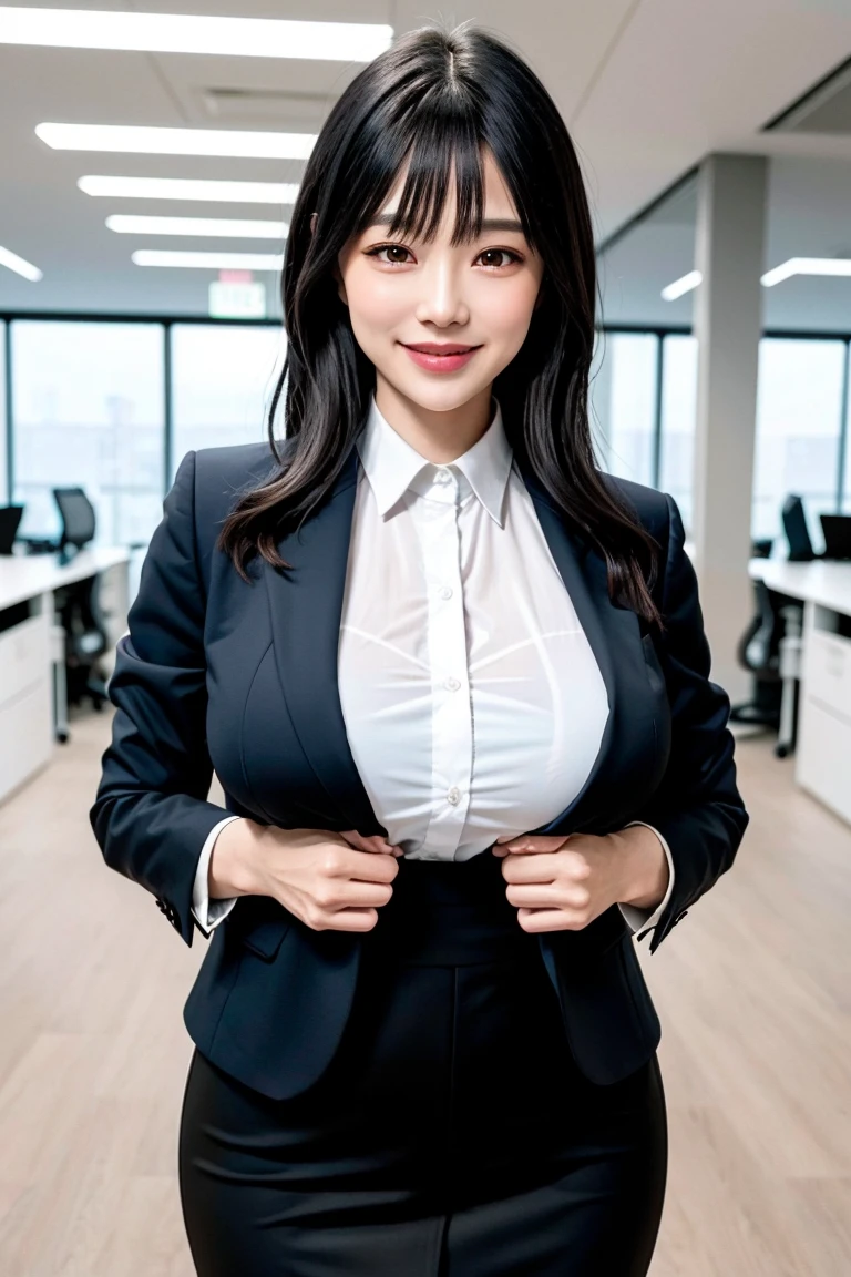 (modern office indoors), 1lady, solo, mature female, (black medium hair), bangs, (suit), (jacket), open jacket, (pencil_skirt), (black pantyhorse), ((id card)), blush kind smile, (masterpiece best quality:1.2), delicate illustrations, high resolution, super detail, (huge breasts:1.1), ((bra visible through clothes)), (white shirt), black bra