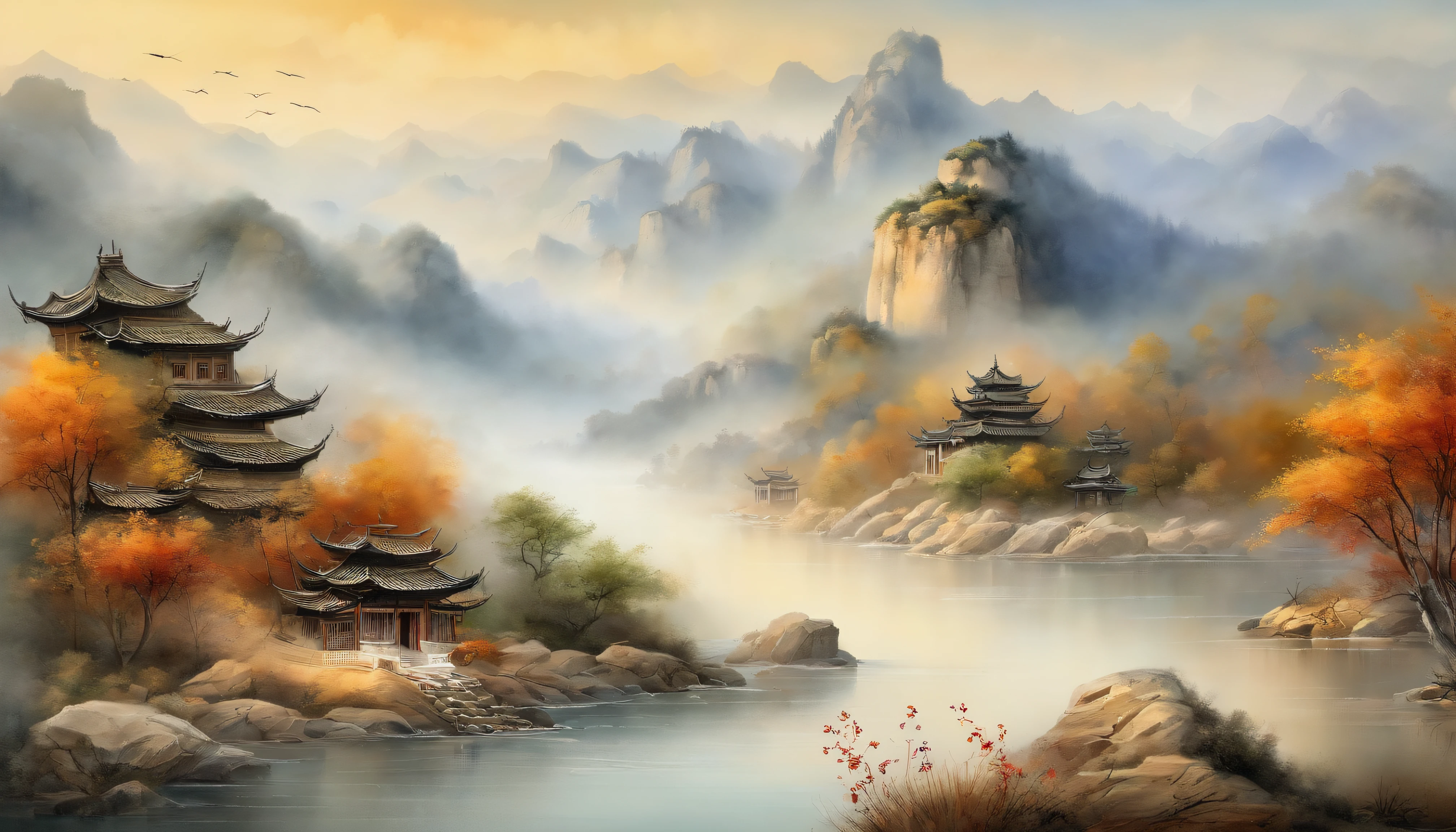 An ancient Chinese painting, ancient Chinese background, mountains, rivers, auspicious clouds, pavilions, sunshine, masterpieces, super detail, epic composition, ultra HD, high quality, extremely detailed, official art, unified 8k wallpaper, Super detail, 32k -- v 6