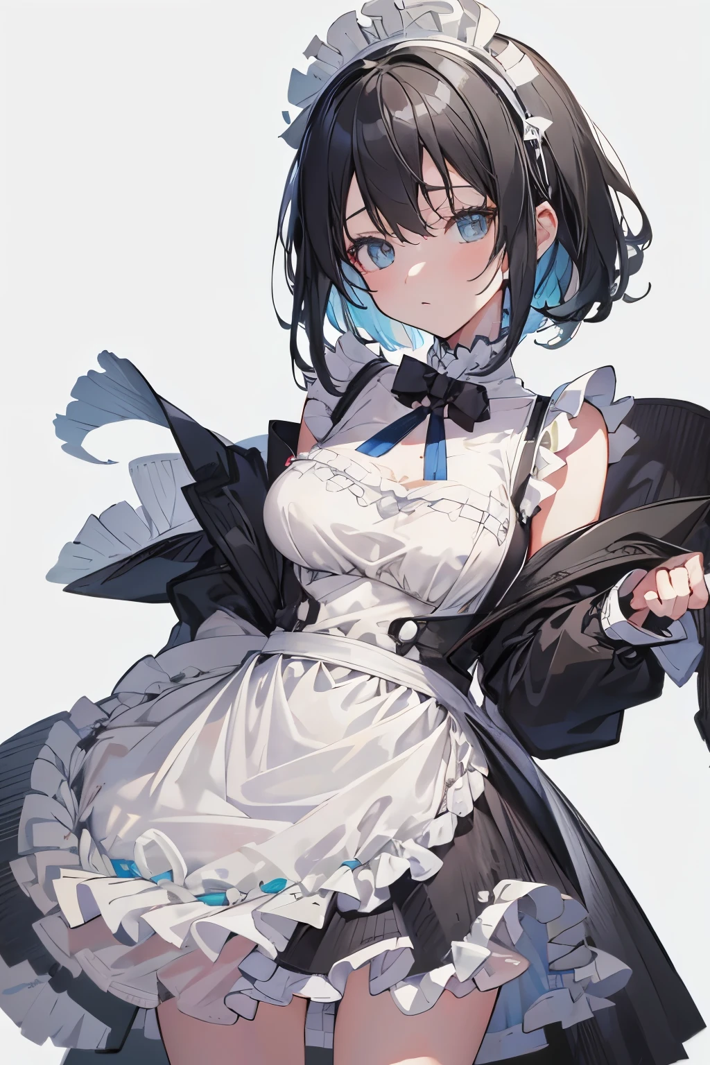 (masutepiece:1.2, Best Quality),  [1 girl in, expressioness, Turquoise eyes, front facing, jet-black hair, half short hair,straight hair,breast, Jacket is taken off,classic maid dress,] (Gray white background:1.5),