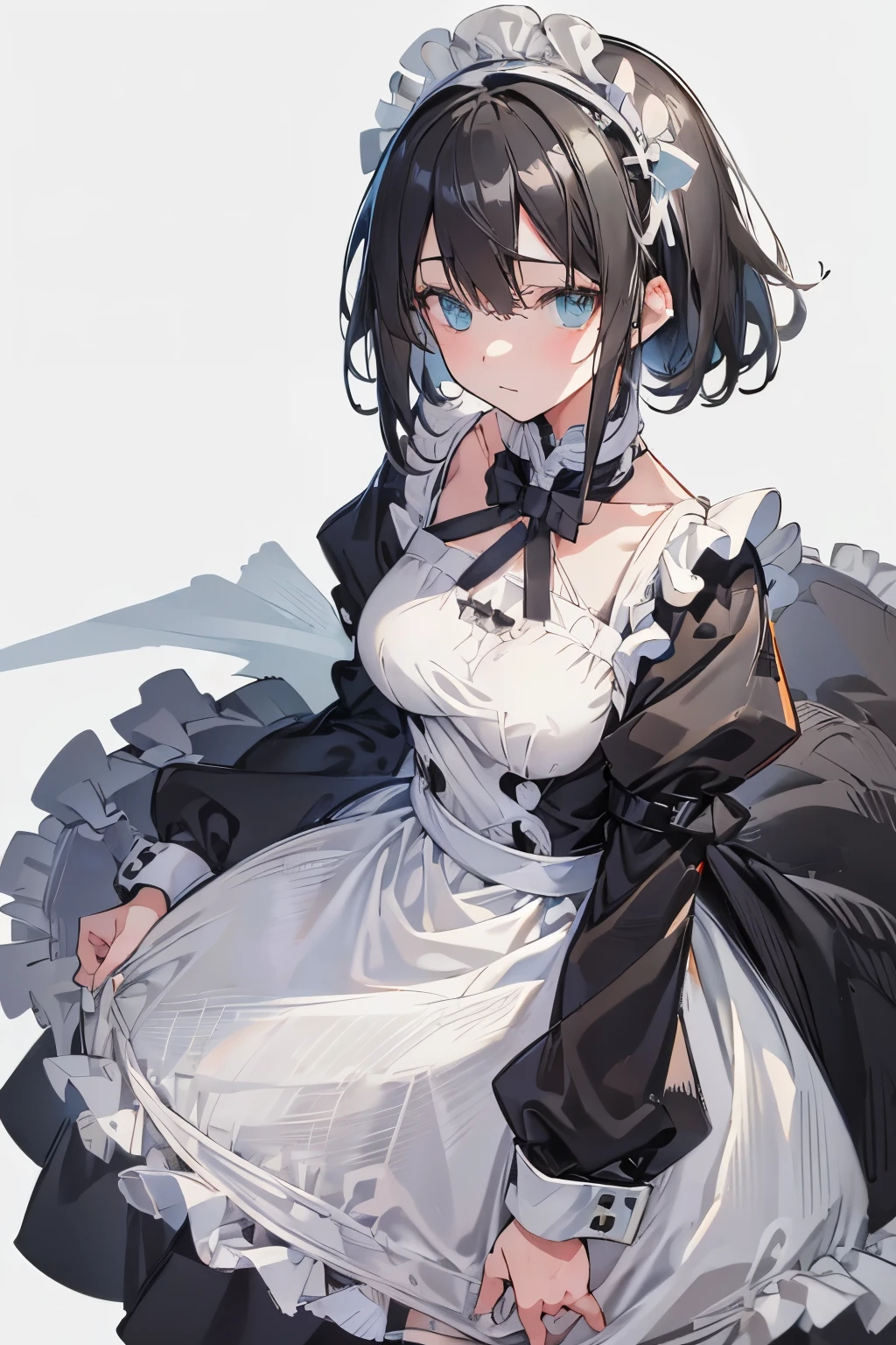 (masutepiece:1.2, Best Quality),  [1 girl in, expressioness, Turquoise eyes, front facing, jet-black hair, half short hair,straight hair,breast, Jacket is taken off,classic maid dress,] (Gray white background:1.5),