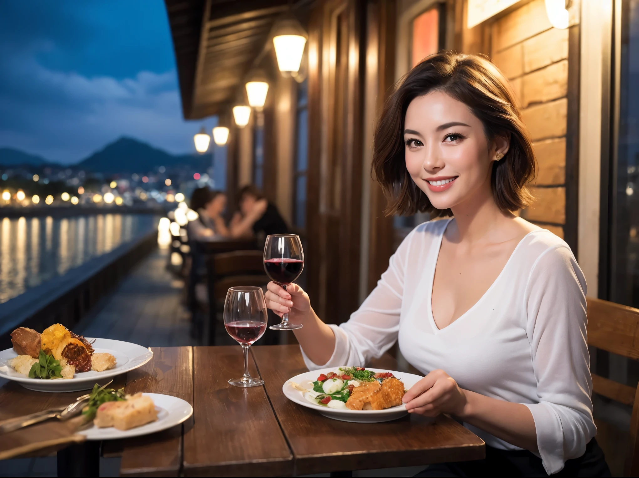(64k uhd, nffsw, of the highest quality, masutepiece: 1.2), (Realistic, Photorealistic: 1.37), Pretty Woman 1, (Slim Face), (slimボティ), (Brown hair), (short-cut), Dutchman、Americana、Frenchman、cheeks blush a little, (40 years old), 38 years, Solo, A beautiful and detailed night view spreads out outside the window........, restaurant, wine glassesに座って, At night, In a prominent place (from waist up) NovaFrogStyle, actress, Model, waist-up, white wine, slim, wine glasses, Super clean night view, 真ん中に置かれたwine glasses, Happy smile, (Smile: 1.15), Beautiful fine eyes, Upper body, Bust Japan Up, Night, Short, Short, actress, Model, waist-up, white wine, slim, wine glasses, Super clean night view, 真ん中に置かれたwine glasses, Happy smile,
