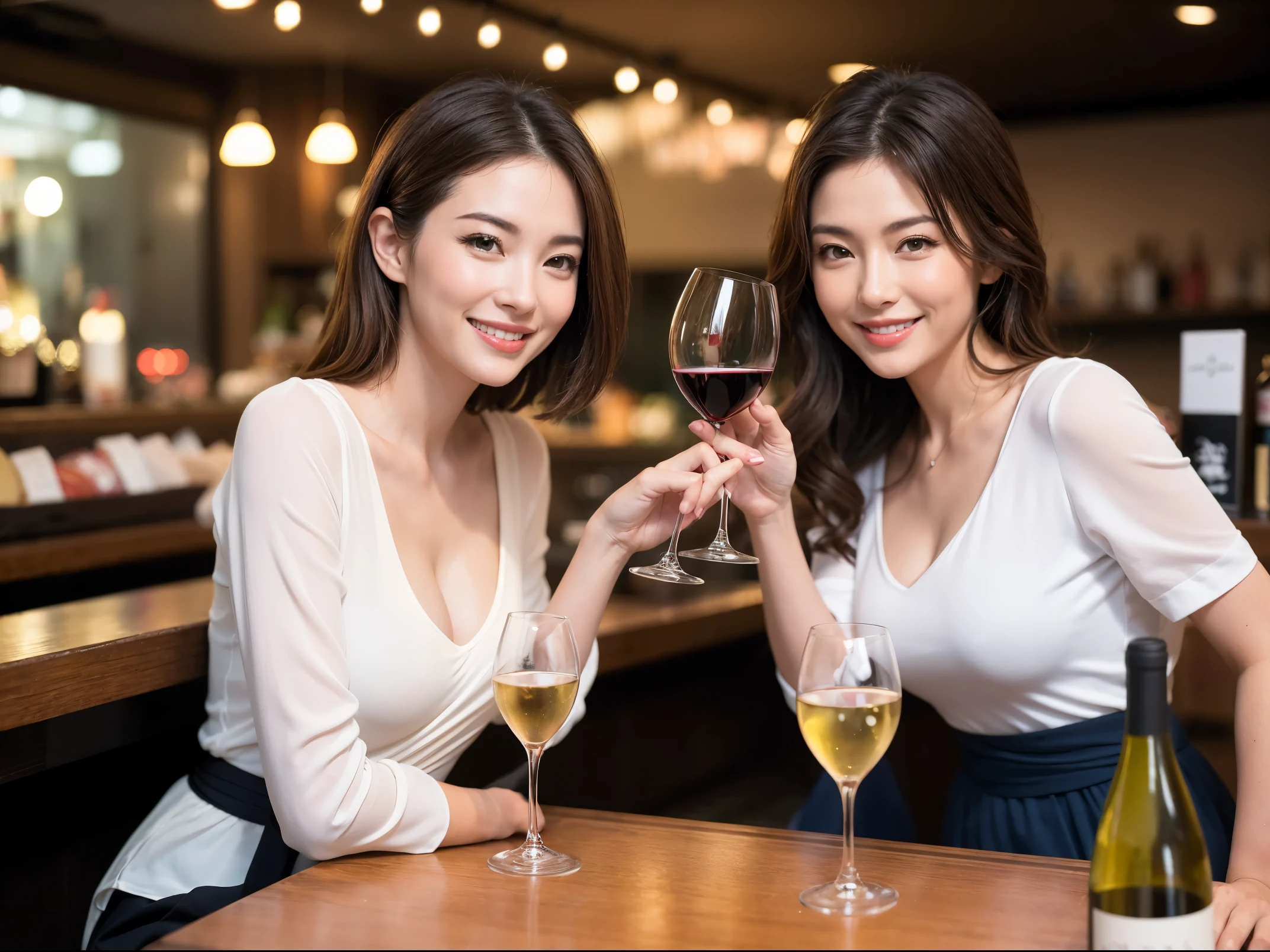 (64k uhd, nffsw, of the highest quality, masutepiece: 1.2), (Realistic, Photorealistic: 1.37), Pretty Woman 1, (Slim Face), (slimボティ), (Brown hair), (short-cut), Dutchman、Americana、Frenchman、cheeks blush a little, (40 years old), 38 years, Solo, A beautiful and detailed night view spreads out outside the window........, restaurant, wine glassesに座って, At night, In a prominent place (from waist up) NovaFrogStyle, actress, Model, waist-up, white wine, slim, wine glasses, Super clean night view, 真ん中に置かれたwine glasses, Happy smile, (Smile: 1.15), Beautiful fine eyes, Upper body, Bust Japan Up, Night, Short, Short, actress, Model, waist-up, white wine, slim, wine glasses, Super clean night view, 真ん中に置かれたwine glasses, Happy smile,