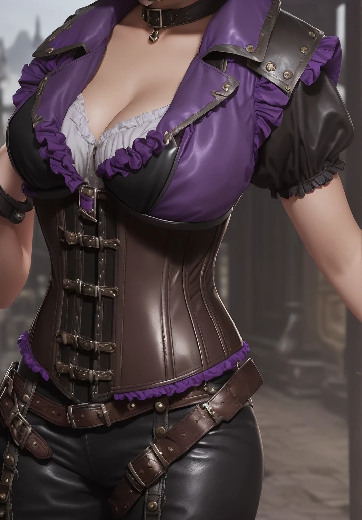 Brunette, ((short hair)), ((black hair)) ((purple highlights)), ((solo female)), ((solo)), caucasian, ((steampunk attire)), ((adventurer attire)), rogue, (full body), ((puffy shouldered white blouse)), ((victorian era street)), ((black leather pantrown vest)), ((small breasts)), ((corset)), black thigh boots, outside, night, ((character portrait))