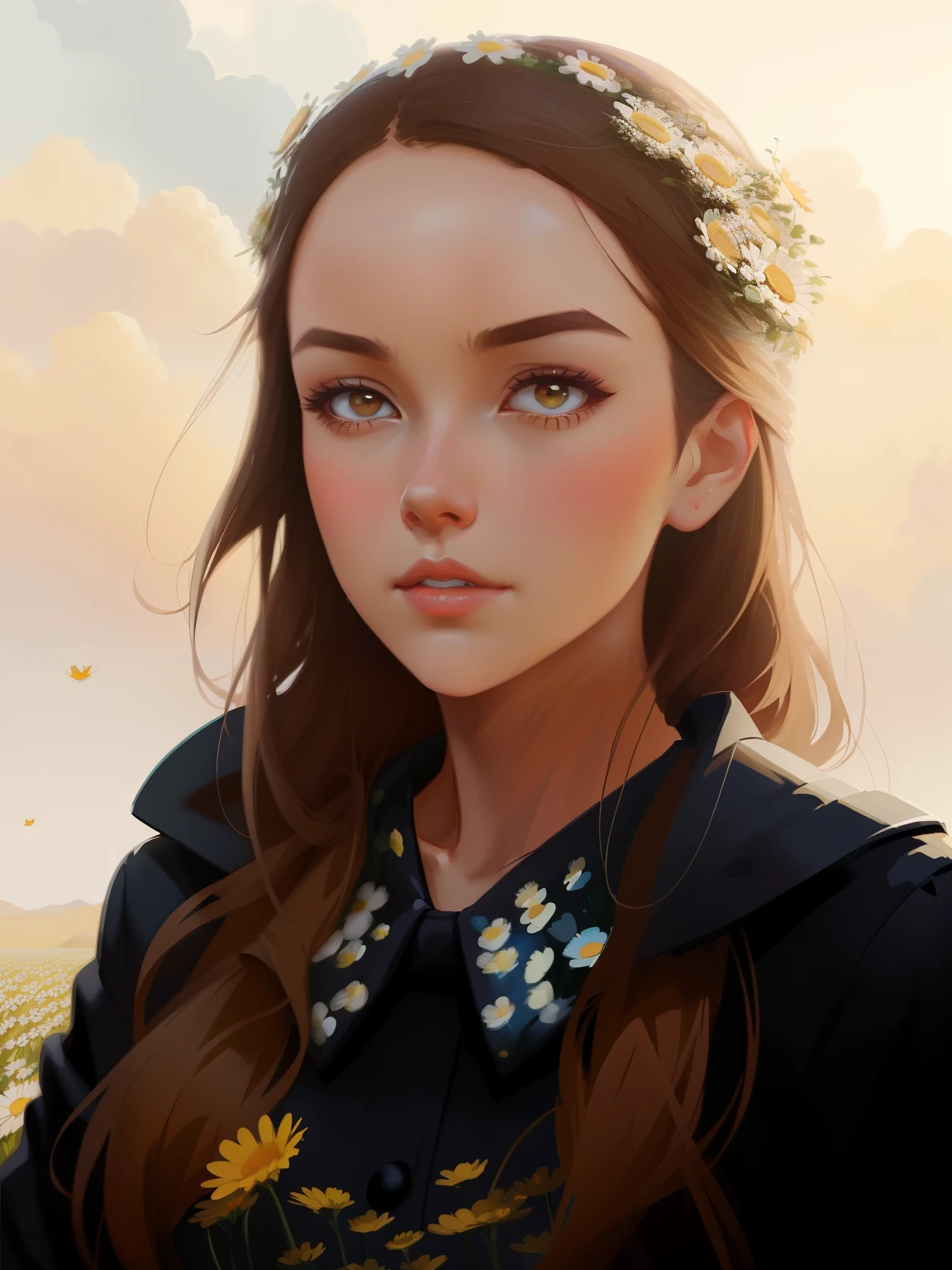 woman with a flower crown stands in a field of daisies, artgerm and atey ghailan, artwork in the style of guweiz, beautiful digital illustration, beautiful digital artwork, beautiful digital painting, gorgeous digital painting, stunning digital illustration, adorable digital painting, beautiful character painting, realistic cute girl painting, beautiful fantasy art portrait, Beautiful girl from the anime Sunflower