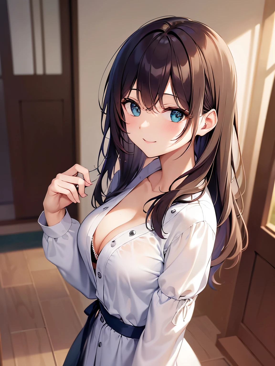 Shooting from above、masterpiece、top-quality、 A 40-year-old green-eyed woman with wavy lobed brown bangs.、Wearing a white blouse、Cleavage is visible、(smile:1.3)、(Staring:1.5)、is standing、The background is the living room、Bold composition、Upper body is shown、Alone、