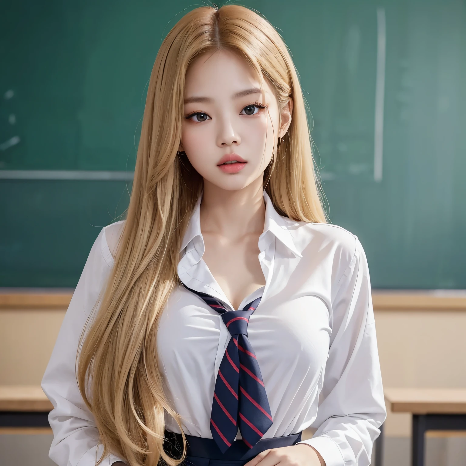 a Korean woman with very long blonde hair is in a school uniform, healthy body, she is alone in they classroom, they are alone, he is very handsome and wears a tight button-down shirt, kin jennie, blonde hair, kpop idols, sexy woman, short uniform, schoolgirl, big bust, daring woman, sensual girl, buttonless shirt, beautiful woman, big chest, glowing, goddess, sexy, penetrating gaze, jennie kim, blackpink jennie