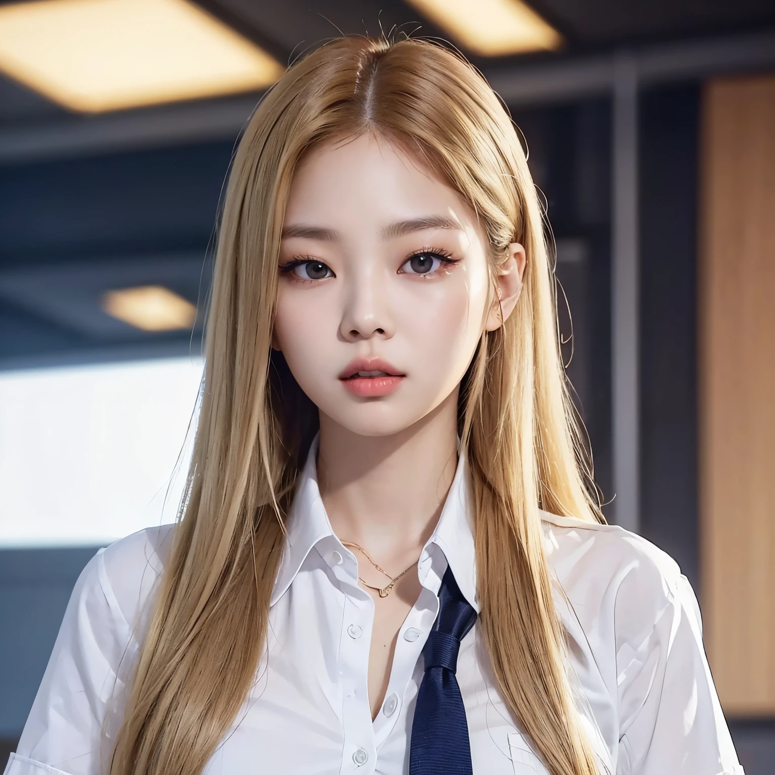 a Korean woman with very long blonde hair is in a school uniform, healthy body, she is alone in they classroom, they are alone, he is very handsome and wears a tight button-down shirt, kin jennie, blonde hair, kpop idols, sexy woman, short uniform, schoolgirl, big bust, daring woman, sensual girl, buttonless shirt, beautiful woman, big chest, glowing, goddess, sexy, penetrating gaze, jennie kim, blackpink jennie