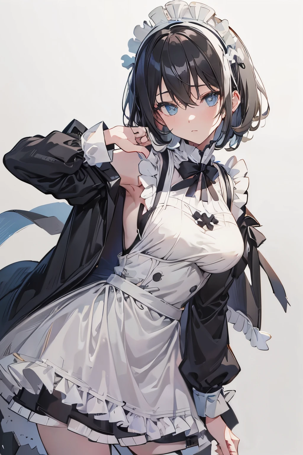 (masutepiece:1.2, Best Quality),  [1 girl in, expressioness, Turquoise eyes, front facing, jet-black hair, half short hair,straight hair,breast, Jacket is taken off,classic maid dress,] (Gray white background:1.5),