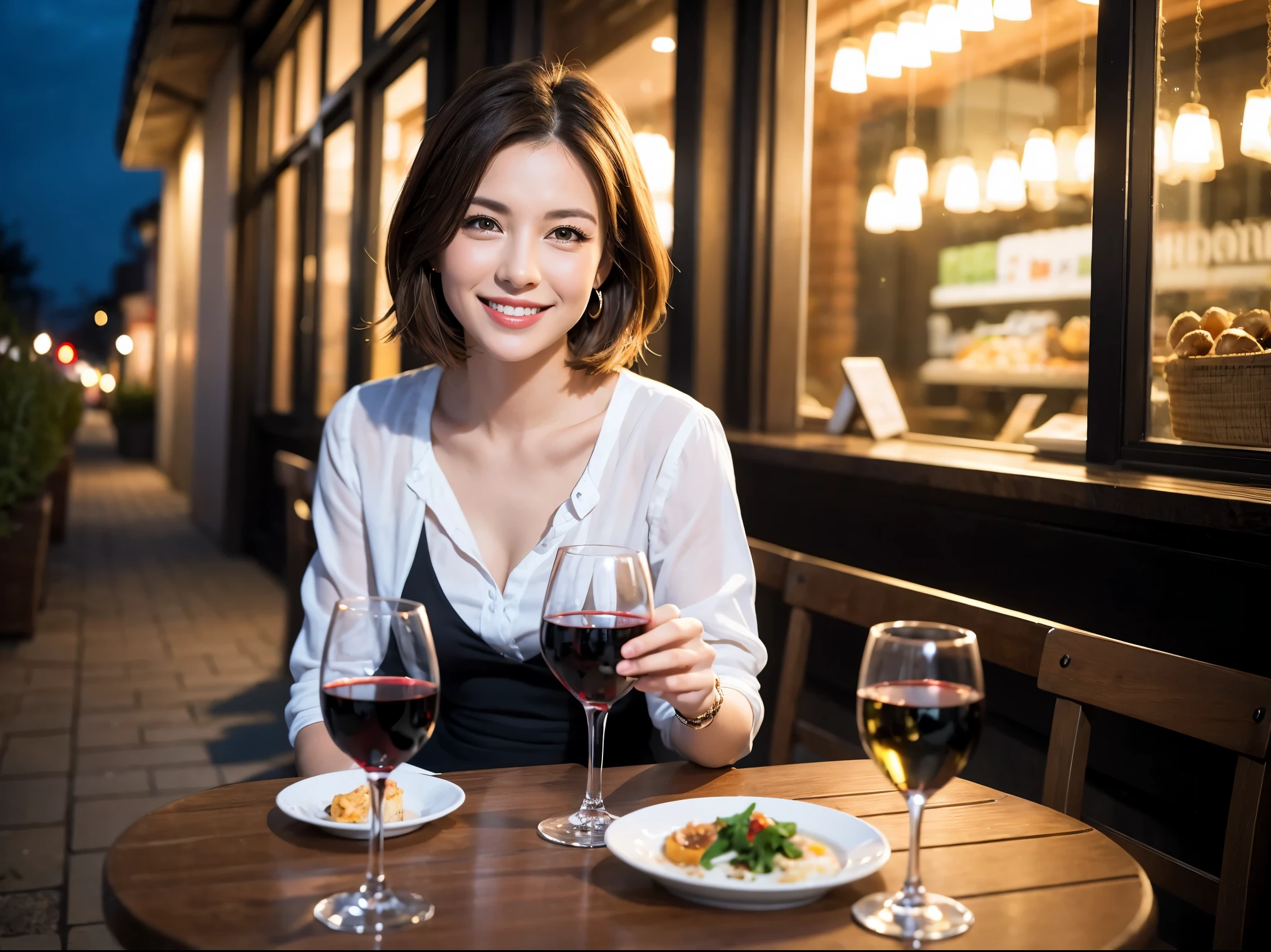 (64k uhd, nffsw, of the highest quality, masutepiece: 1.2), (Realistic, Photorealistic: 1.37), Pretty Woman 1, (Slim Face), (slimボティ), (Brown hair), (short-cut), Dutchman、Americana、Frenchman、cheeks blush a little, (40 years old), 38 years, Solo, A beautiful and detailed night view spreads out outside the window........, restaurant, wine glassesに座って, At night, In a prominent place (from waist up) NovaFrogStyle, actress, Model, waist-up, white wine, slim, wine glasses, Super clean night view, 真ん中に置かれたwine glasses, Happy smile, (Smile: 1.15), Beautiful fine eyes, Upper body, Bust Japan Up, Night, Short, Short, actress, Model, waist-up, white wine, slim, wine glasses, Super clean night view, 真ん中に置かれたwine glasses, Happy smile,