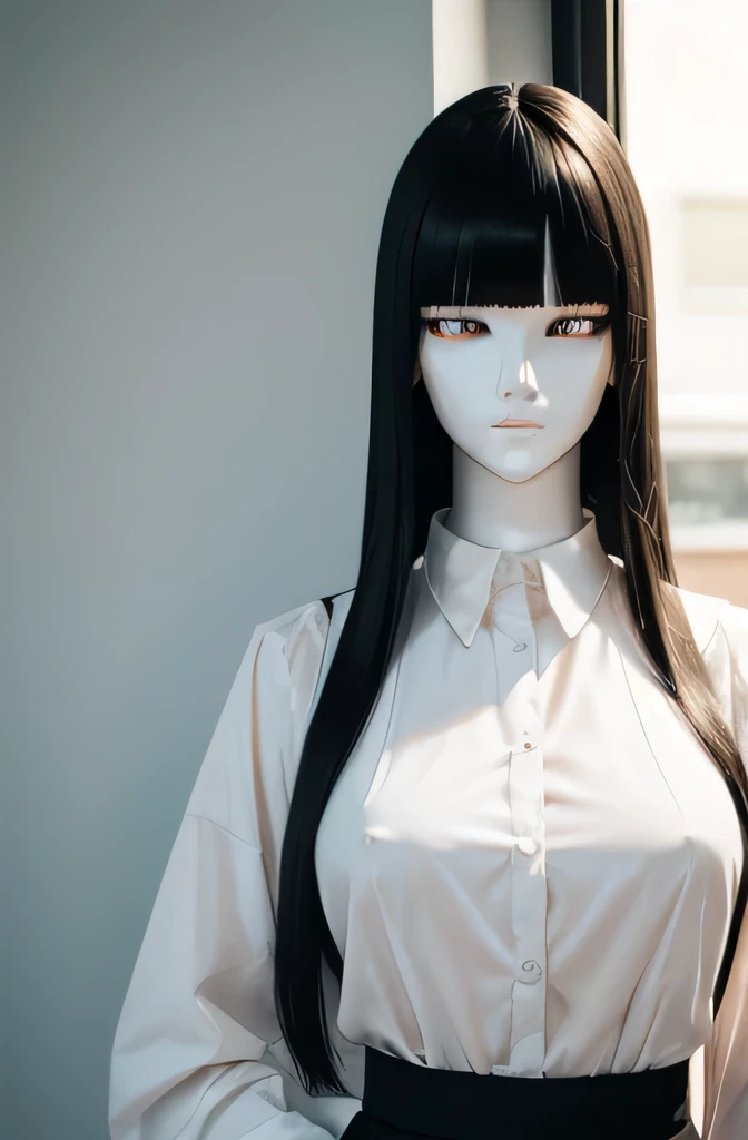 しゃがむMannequin1人(Beautuful Women Mannequin is 30 years old Mannequinの身長は165cmです. Mannequinの色'my face is white. Mannequinの色 body is pure white Mannequin has black hair(Long straight hair bangss) Mannequin has a thin and long face Mannequinの色'lips are light pink. Mannequin'Eye color is black Mannequinはシャツを着ています)