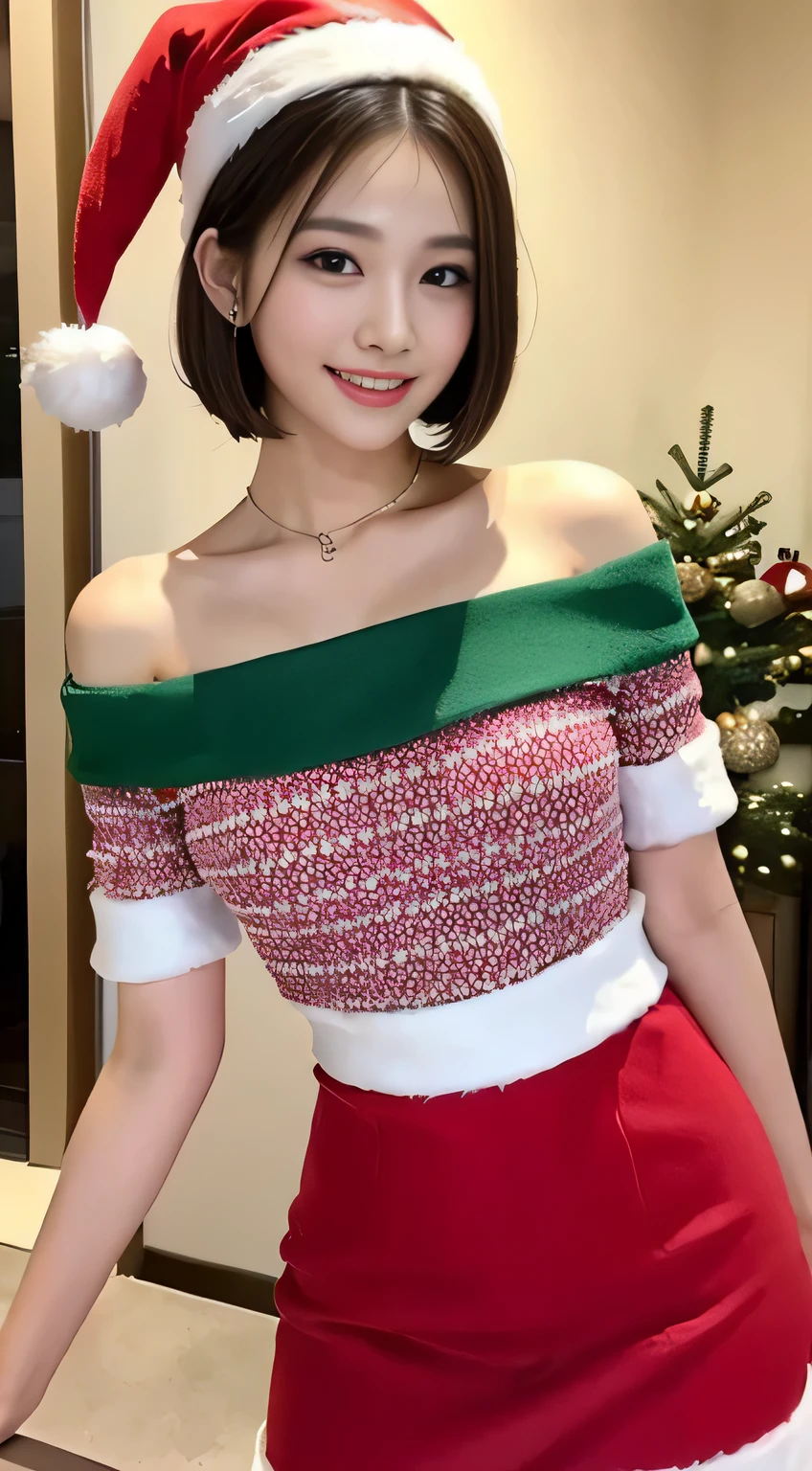 ((Best Quality, 8K, Masterpiece: 1.3)), a tall and beautiful Thai woman, perfect figure: 1.4, slender abs, dark brown hairstyle, short hair, santa hat,short dress, without any posture movements, standing straight, highly detailed face and skin texture, detailed eyes, double eyelids, smiling, Thai Girl,mini skirt, christmas,santa hat, (christmas decoration), natural look