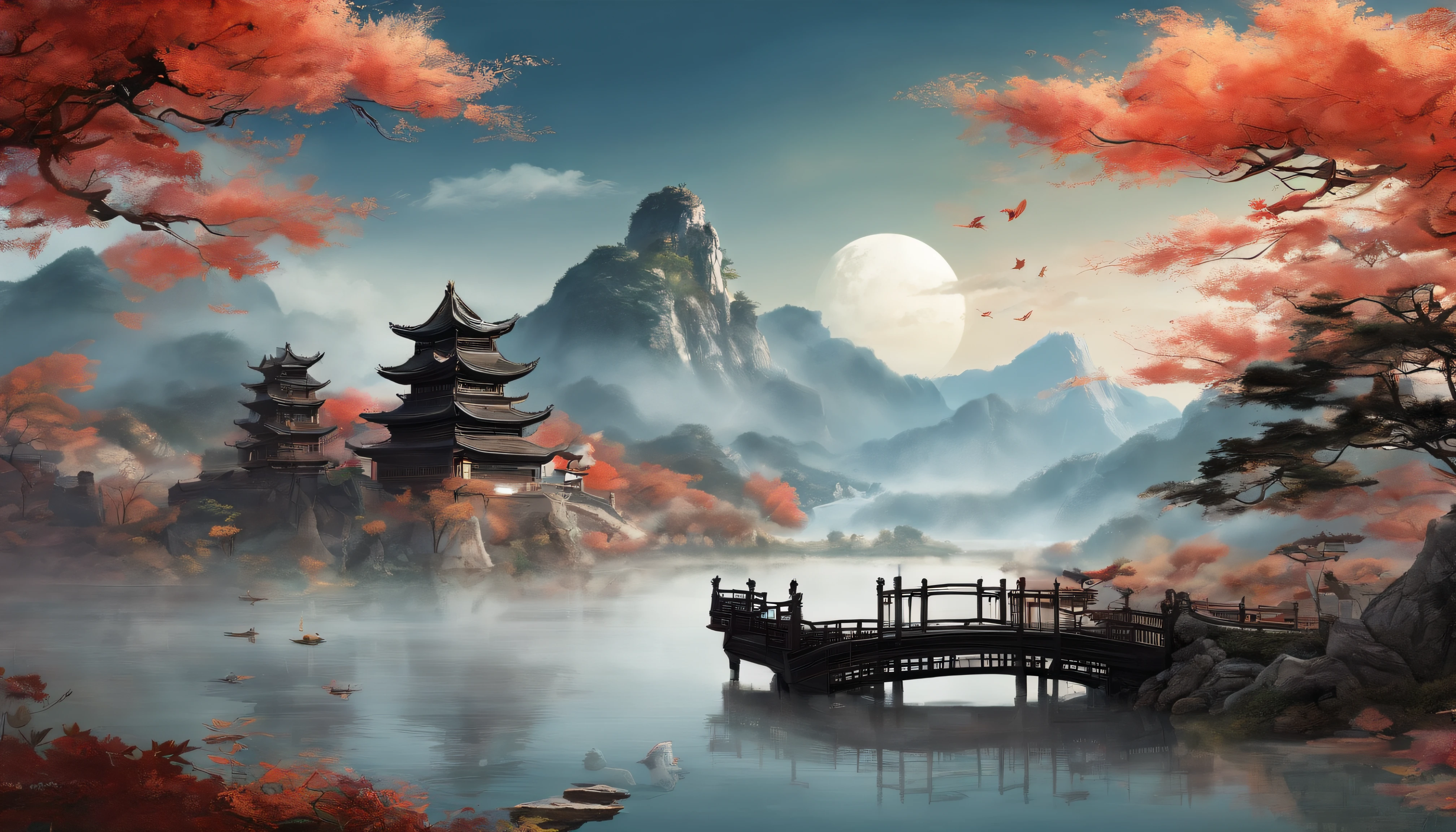 (Best quality,8K,A high resolution,tmasterpiece:1.2),ultra - detailed,HighDynamicRange,hyper HD,The content is very detailed,first key,Traditional art style,Ancient Chinese landscape painting,Depicting mountains and rivers,elegant pavilion,A beautiful moonlit night,Clouds in the sky,Impeccable ingredients,Endless attention to detail,Mesmerizing brushstrokes,Fine ink cleaning technology,vibrant with colors,evoke a sense of tranquility,harmonious balance,tranquil ambiance,《Autumn moon over calm lake》painterly style,Studio lighting,Realistic depiction,Official artwork.