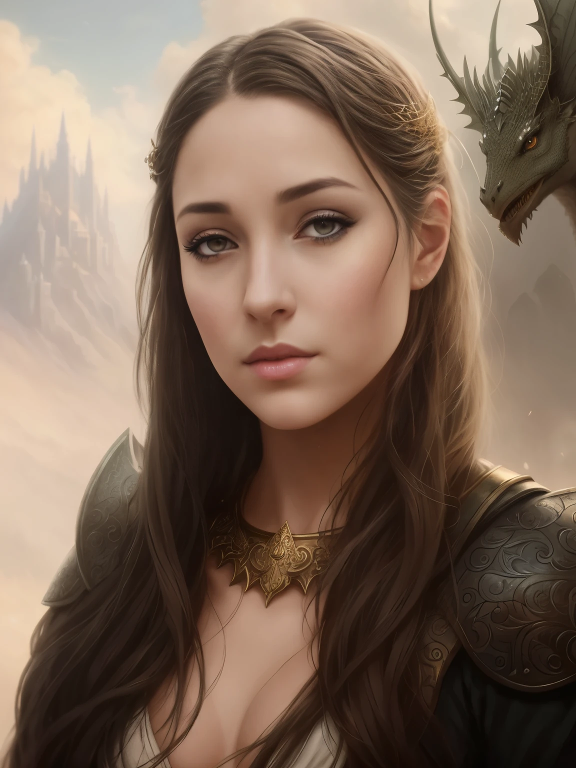 Arafed is a dark-eyed brunette with a dragon head and a white dress......., the dragon girl portrait, graphic artist magali villeneuve, realistic fantasy illustration, fantasy art portrait, inspired by Magali Villeneuve, magali villeneuve', Portrait of a Dragon, hyperrealistic fantasy art, fantasy portrait art, Detailed matte fantasy portrait, fantasy portrait, beautiful fantasy art portrait