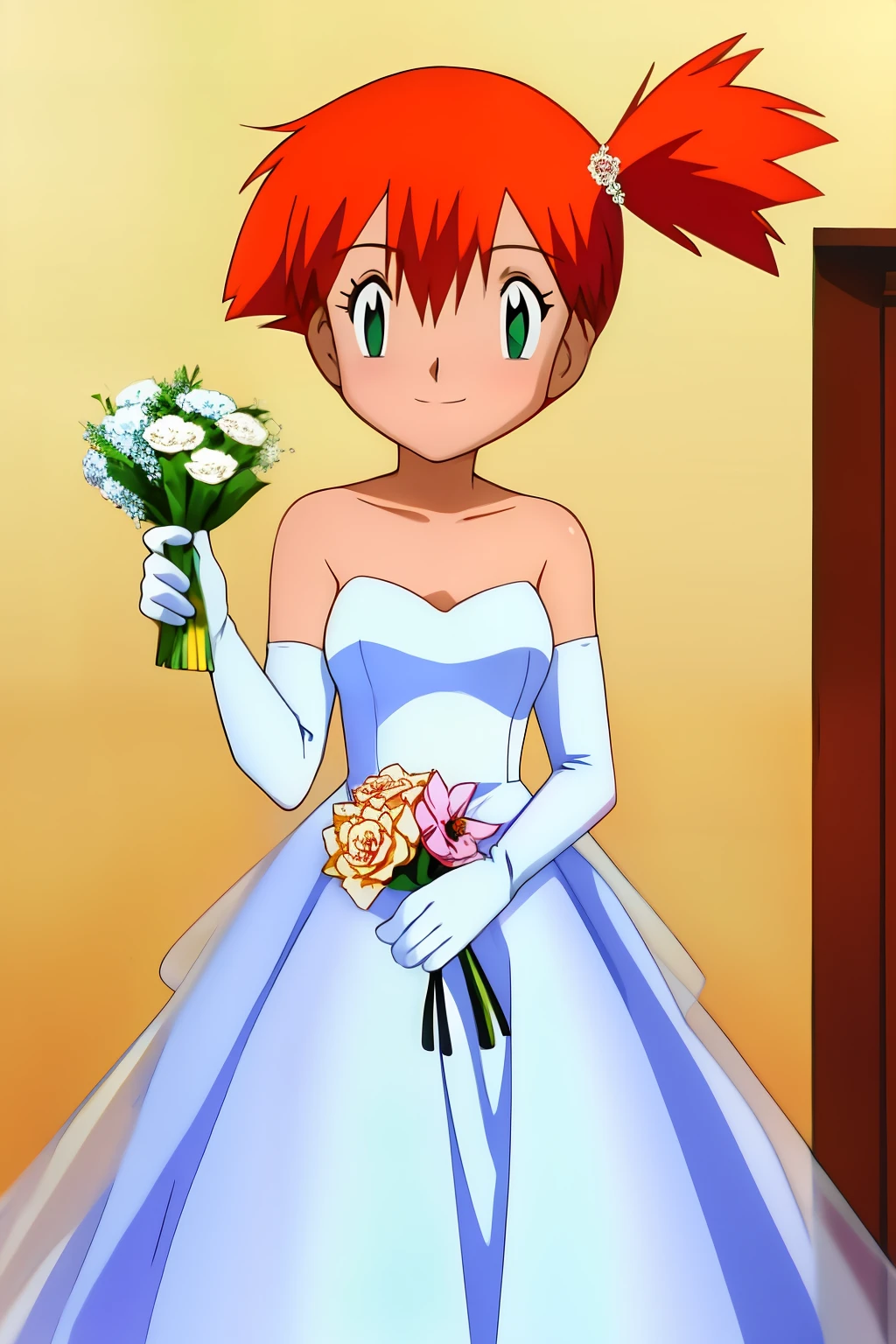 misty, 1girl, solo, breasts, looking_at_viewer, smile, short_hair, closed_mouth, bangs, green_eyes, hair_between_eyes, bare_shoulders, small_breasts, indoor, orange_hair, side_ponytail, eyelashes, hair_tie, wedding_dress, white_dress, holding_flower, standing, long white elbow gloves